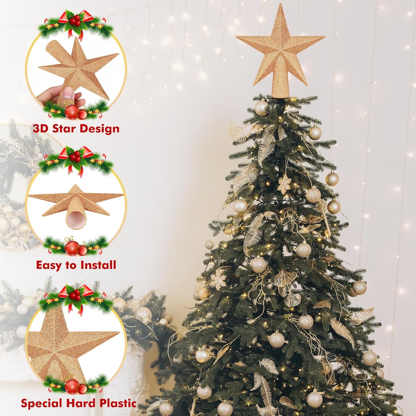 Christmas Tree Decoration, 6" Champagne Christmas Tree Topper Star Accessories, Xmas Glitter 3D Bethlehem Tree Ornament, Waterproof Holiday Christmas Tree Topper Star Decorations for Home Decor