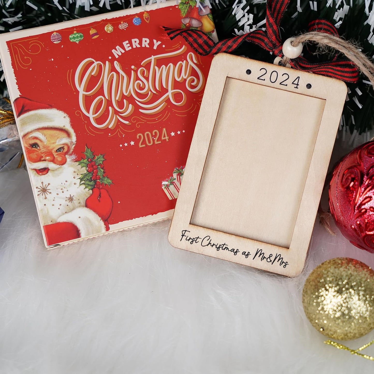 Christmas Photo Frame Ornament, 2025 Ornament, Wooden Picture Frame Ornaments With Hanging String (First Christmas As Mr & Mrs (Portrait))