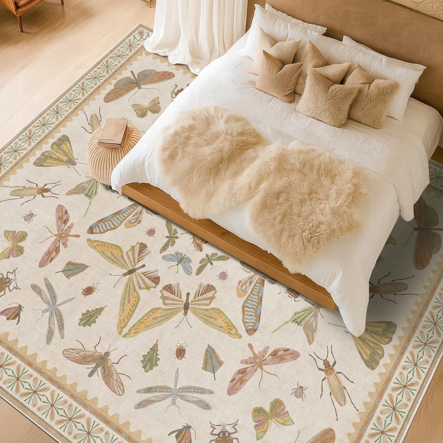 8x10 Fun Rugs For Bedroom - Maximalist Rug for Living Room, Playroom, Dining Room Under Kitchen Table, Washable Soft Stain Resistant Low Pile, Butterfly Insect Floral Cottage Decor, Beige & Yellow