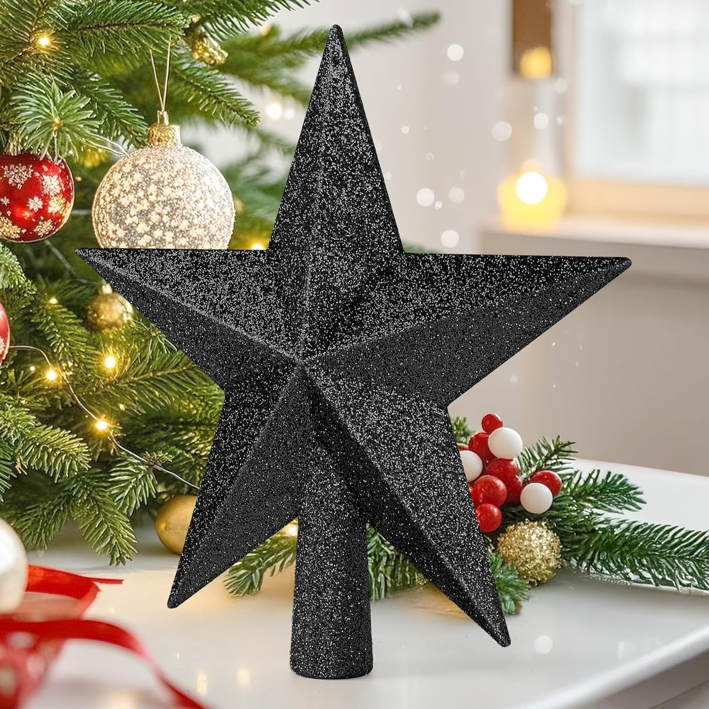 Christmas Tree Ornament, 8" Black Christmas Star Tree Topper Accessories, Xmas Glitter 3D Bethlehem Tree Topper Ornament, Waterproof Holiday Christmas Tree Topper Star Decor for Home Indoor Outdoor