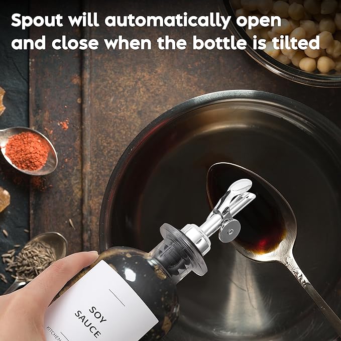 Olive Oil Dispenser Bottle - Includes 55 Kitchen Essential Labels - Cooking Oil Bottles for Kitchen, Coffee Syrup Dispenser - Pourer Spout with 16.9 fl oz Glass Container Cruet - 2pcs Silver