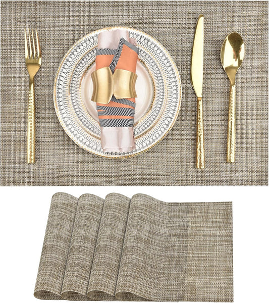 Placemats Set of 4 - Easy Clean Washable Vinyl Placemats - Wipeable Heat Resistant Table Mats for Dining Table - 17.7x11.8 Inch (4, Gray & Gold Two-Tone)