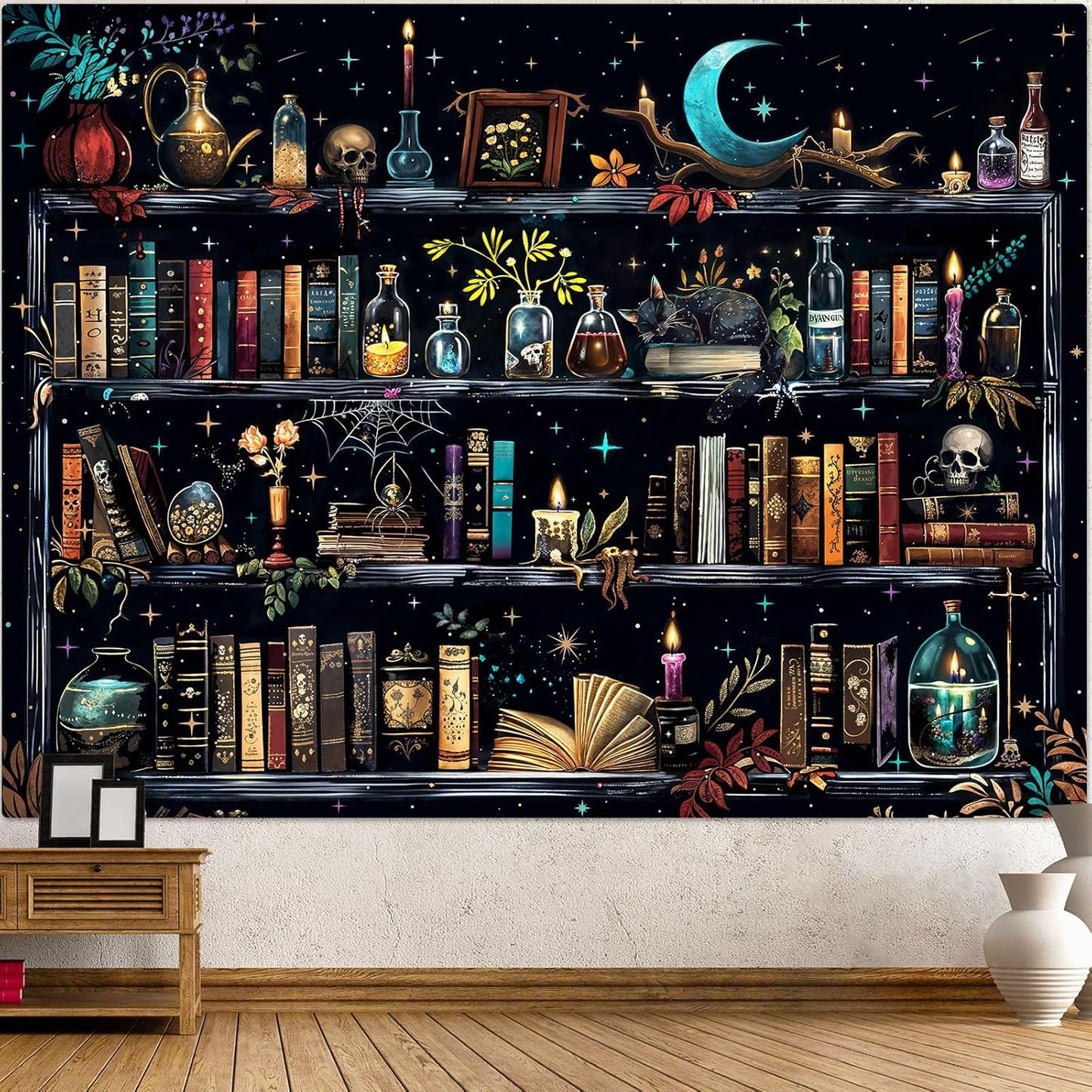Accnicc Magic Bookshelf Tapestry Magical Witchy Potion Dark Hippie Haloween Tapestries Wall Hanging Gothic Skull Black Cat Library Book Tapestry for Bedroom Living Room Dorm 80 x 60 inch