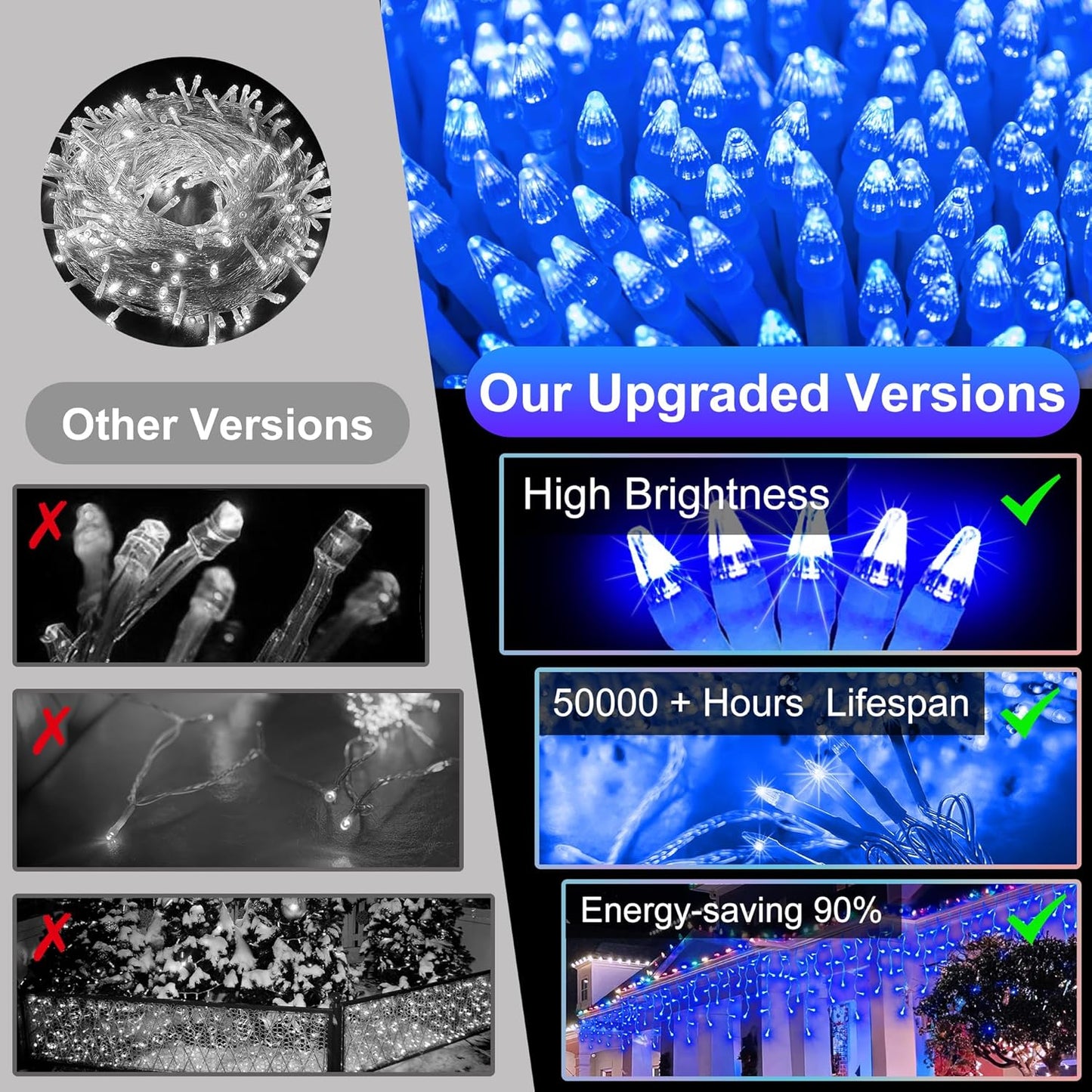 504LED 50ft Christmas Lights, 112Drops 12 Modes Blue Christmas String Lights Outdoor Dimmable, Waterproof Christmas Decoration Fairy Lights with Timer for Eaves Indoor Party Patio Window Fence Blue