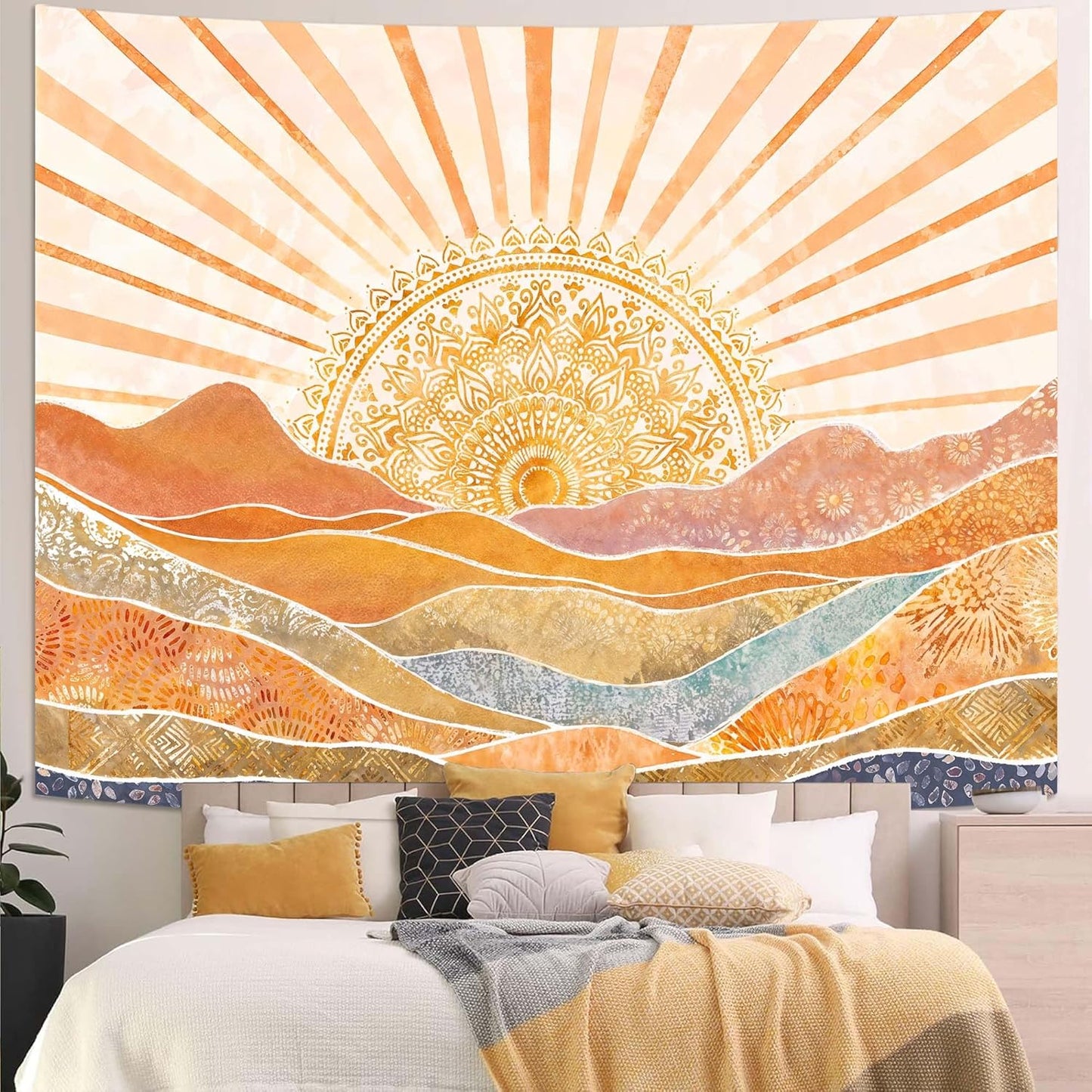 Lunerfex Bohemian Mandala Sunrise Wall Tapestry, Abstract Mountain Scenery Tapestries for Home Decor, Boho Tapestry 80x60 Inch