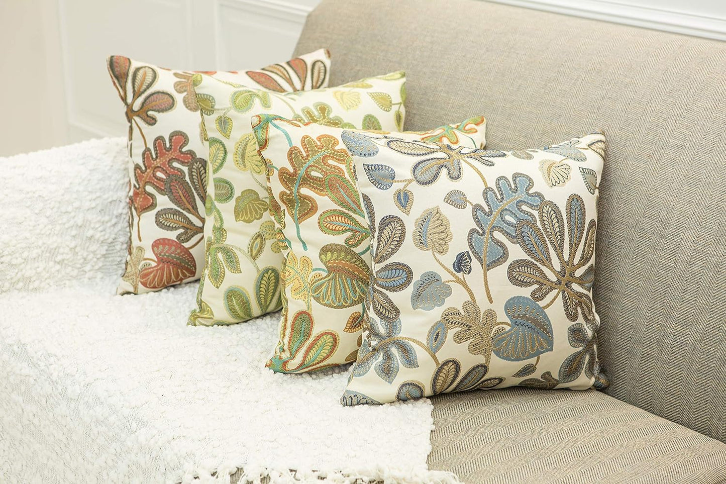 Set of 2 Jacquard Tropical Leaf Pattern Throw Pillow Covers Decorative Pillowcase 22X22 Inches,Green Cream