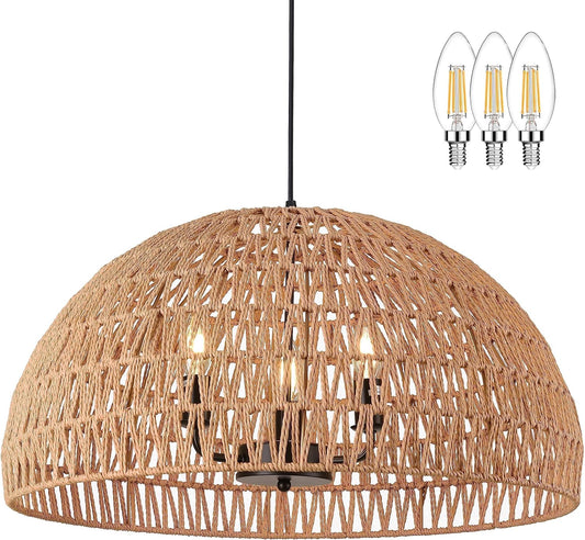 24" Brown Woven Pendant Light Boho Chandelier Dome Rustic Farmhouse Chandelier Wicker Pendant Light Rattan Light Fixture for Dining Room Living Room Bedroom Kitchen Island Foyer(Bulb Incl)
