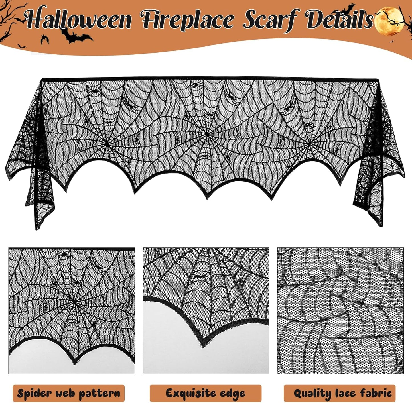 3 Pack Halloween Decorations Sets, Black Lace Spider Webs Table Runner & Halloween Cobweb Fireplace Scarf with 120 pcs 3D Bat for Halloween Indoor Decors Party Supplies