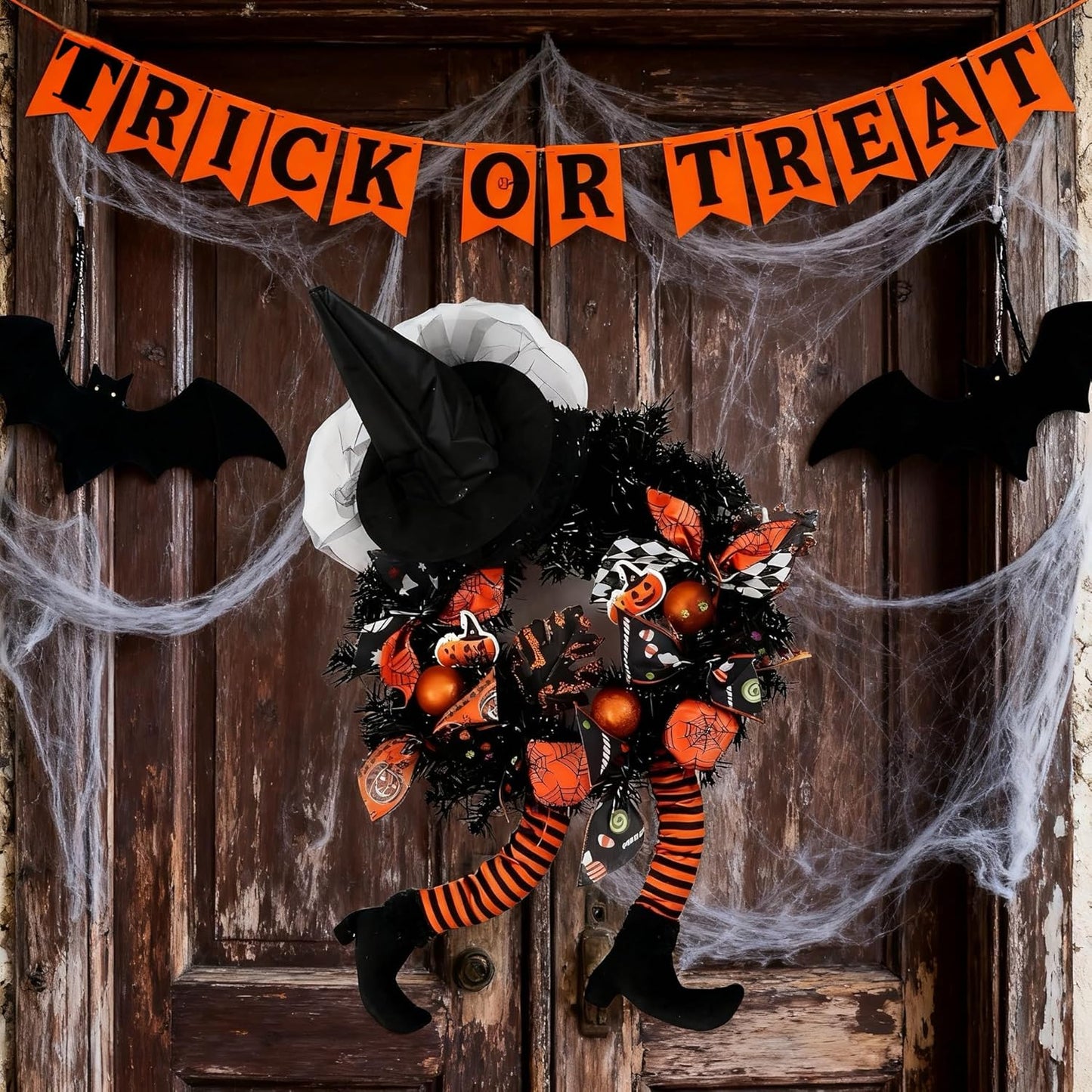 Happy Halloween Wreath for Front Door Decoration with Skeleton Artificial Bone Orange Ornaments Maple Leaf for Party Decor (Halloween Orange)