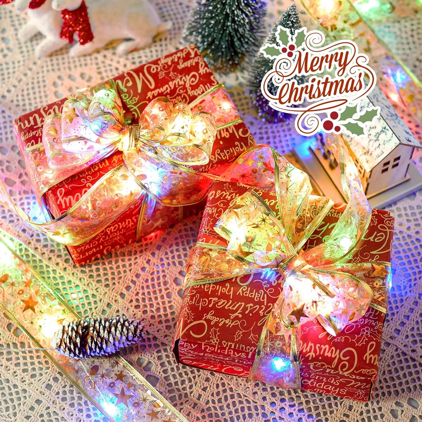 2 Pack Christmas Tree String Lights - 33ft 100 LED Battery Powered Fairy Lights with Timer and 8 Lighting Modes, Gold Ribbon Bows Lights for 6ft - 8ft Christmas Tree Decor, Multi-color