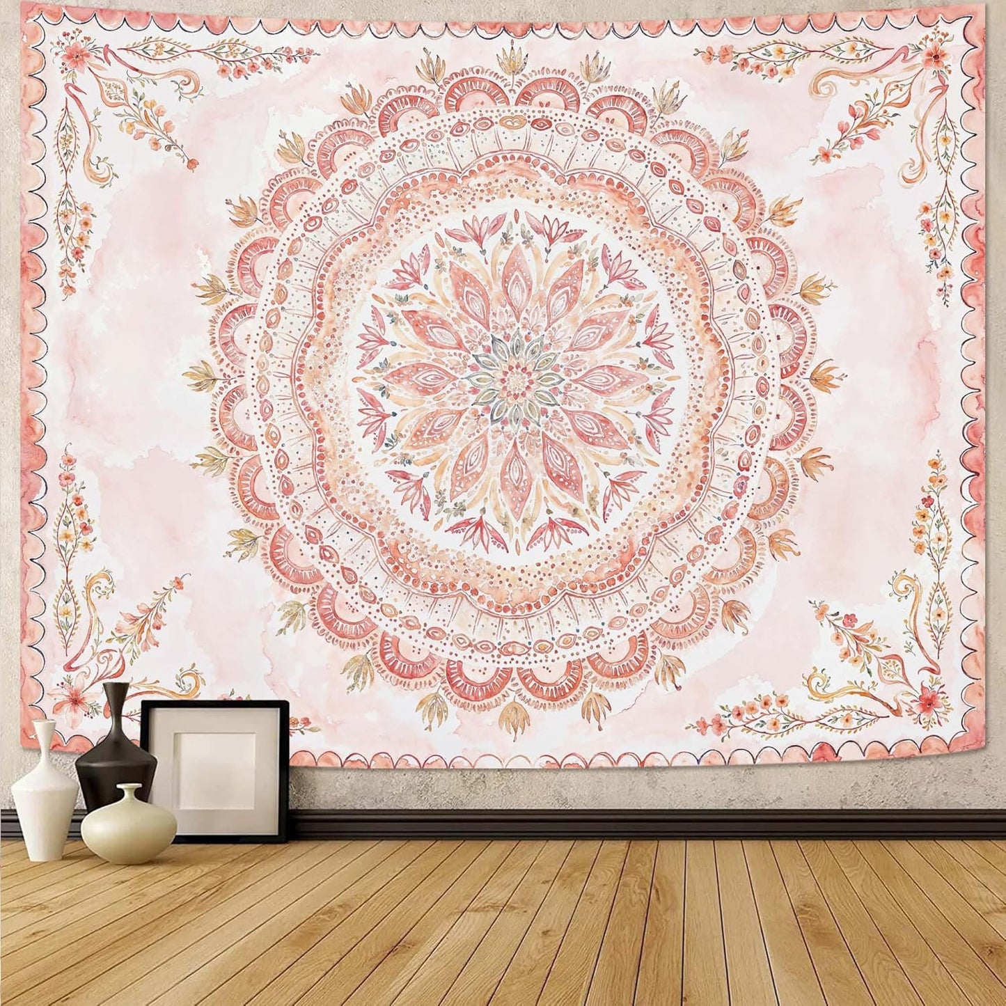 Fowocu Boho Floral Mandala Tapestry Wall Hanging Pink Bohemian Flower Medallion Tapestry Aesthetic Watercolor Hippie Indian Small Tapestries for Bedroom Living Room Dorm Decor 40 x 30 Inch
