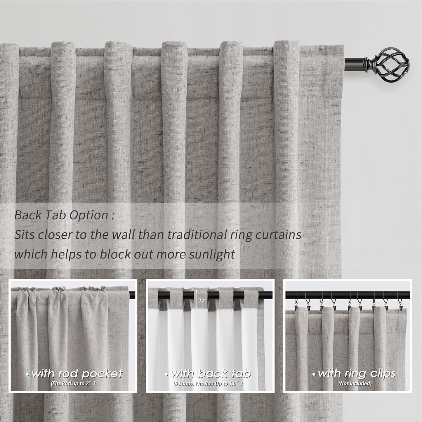 BOODII 63 Inch Blackout Curtains Linen Black Out Curtains for Bedroom 2 Panels Set Neutral Room Darkening Curtain Silver Gray Thermal Insulated Curtain for Nursery Window Drapes Back Tab 52x63