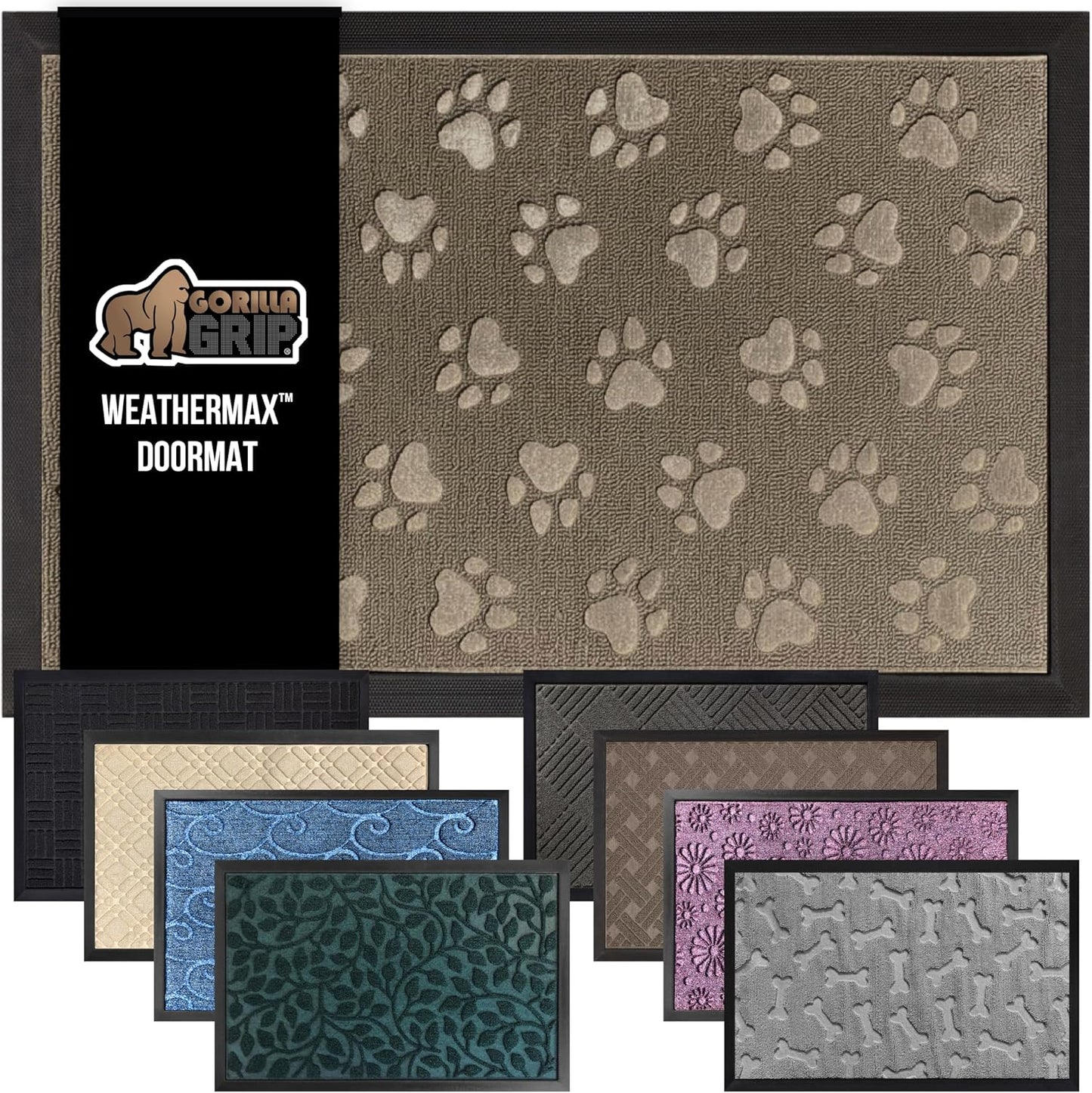 GORILLA GRIP 100% Waterproof All-Season WeatherMax Doormat 35x23, US Designed Natural Rubber, Stain and Fade Resistant, Low Profile Indoor Outdoor Door Mats, Easy Clean Patio Mat, Tan Pawprints