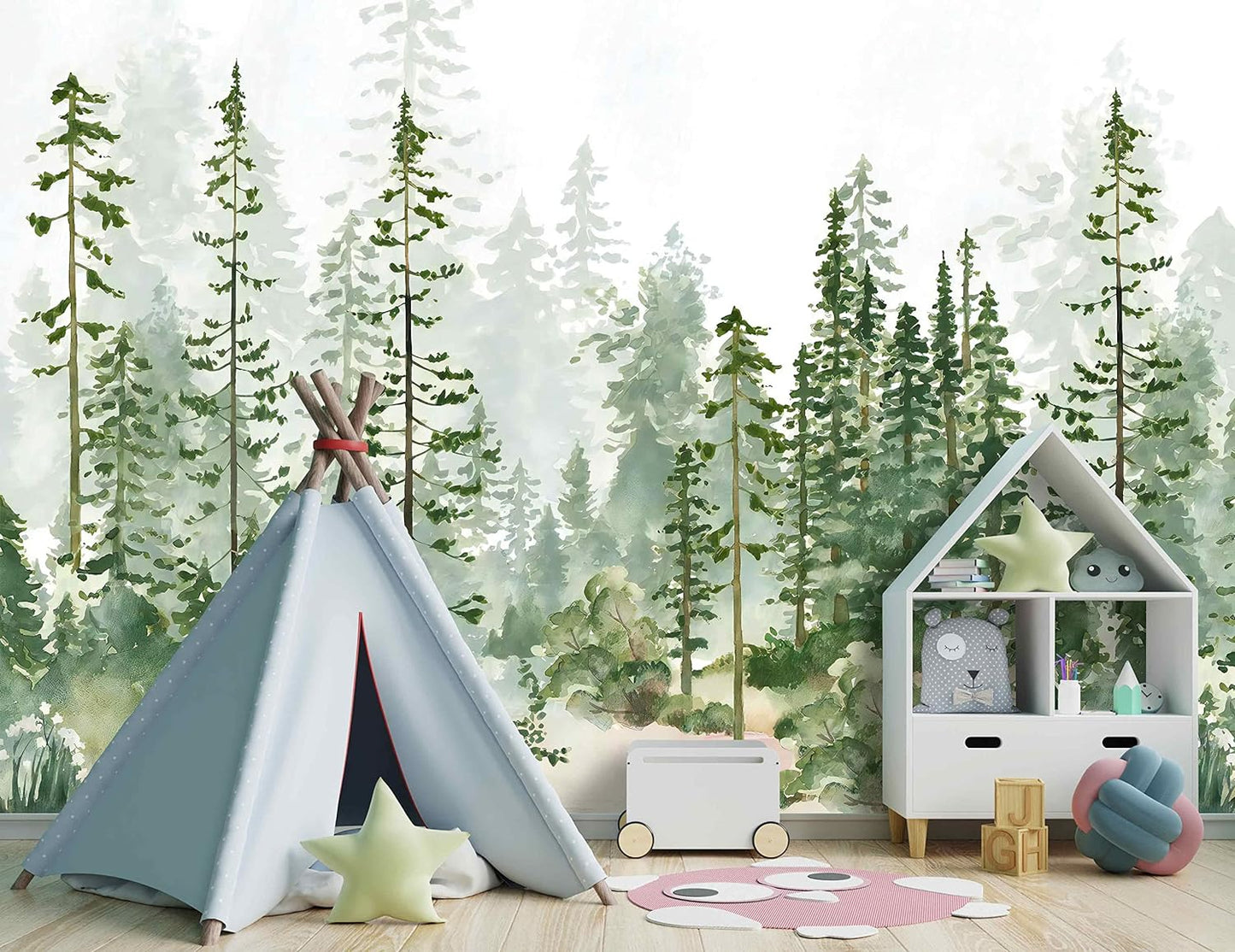 Boys or Girls Cartoon Pine Tree Forest wallpeper Nursery Kids Bedroom Wall Mural - 137"x96"（Not Peel and Stick）