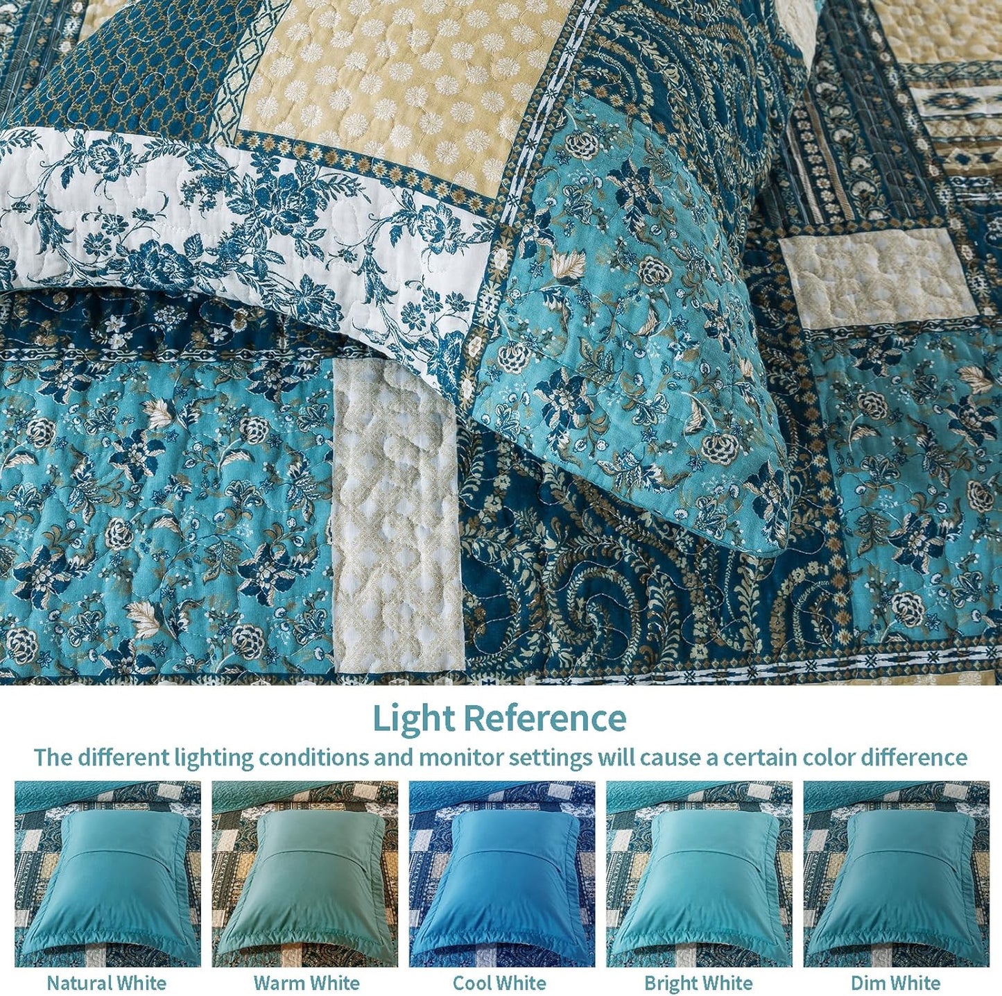 VAPUTAR Quilts Queen Size - 3 Piece Cotton Quilted Bedspread Coverlet, Soft Lightweight Quilted Bedding Set, Patchwork Boho Quilt with Pillowcovers Suitable for All Season and Room Decor (Dream Blue)