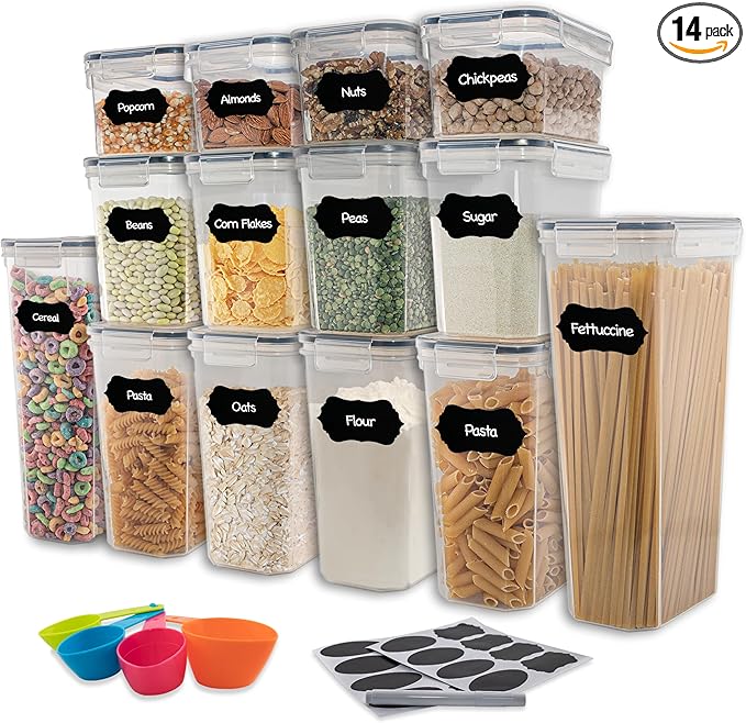 Airtight Food Storage Containers Set - 14 Piece Pantry Kitchen Organizers and Storage Set with Lids, Cabinet Organizing Canisters for Cereal, Flour, Sugar, Dry Foods - with Labels and Marker