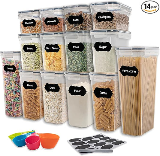 Airtight Food Storage Containers Set - 14 Piece Pantry Kitchen Organizers and Storage Set with Lids, Cabinet Organizing Canisters for Cereal, Flour, Sugar, Dry Foods - with Labels and Marker