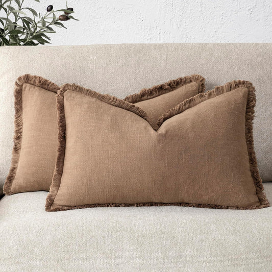 Foindtower Set of 2 Decorative Linen Fringe Lumbar Throw Pillow Covers Boho Farmhouse Cushion Cover with Tassels Soft Accent Pillowcase for Couch Sofa Bed Living Room Home Decor,12×20Inch,Khaki Brown