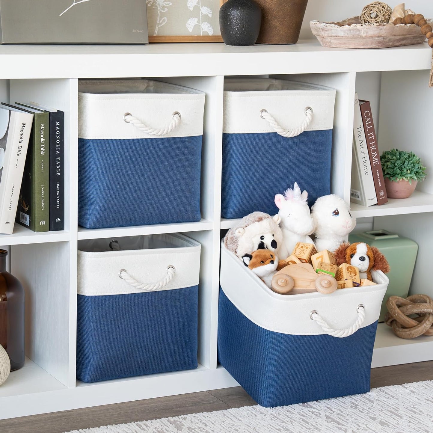 OrganiHaus 12x12 Cube Storage Bins 4 Pack, Foldable Cube Storage Organizer w/ Rope Handles, Collapsible Fabric Bins for Toys, Clothes & Closet Organization, Fabric Square Baskets - Navy Blue