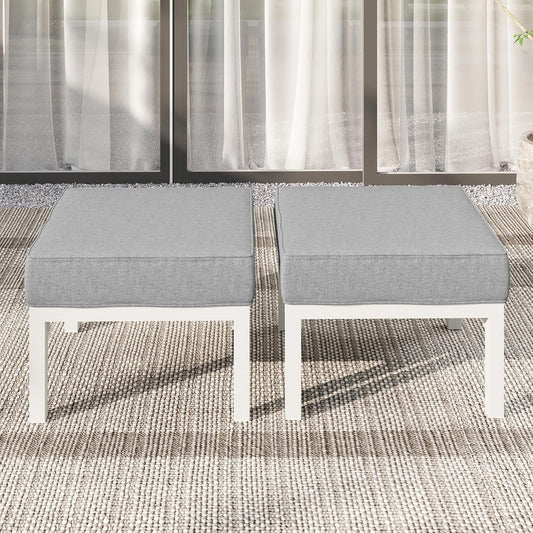 Solaste Outdoor Footstools Patio Ottoman Set of 2, Aluminum All-Weather Outdoor Footrest Seat with Removable Cushions, Patio Furniture Ottomans for Garden, Backyard, Poolside-White