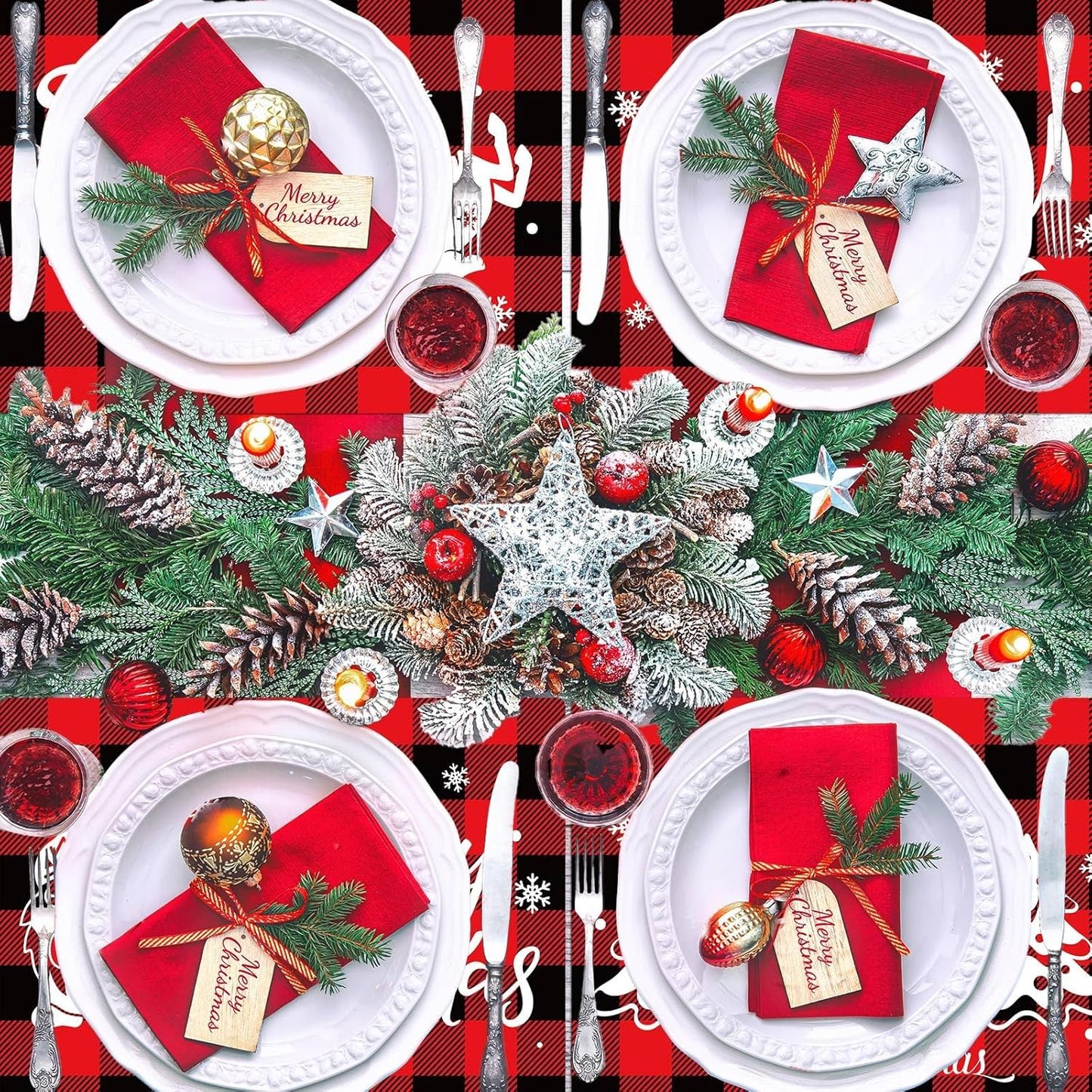 Christmas Placemats Set of 6 Red and Black Plaid Table Mats Plastic Xmas Recyclable Place Mats Washable Holiday Table Decoration for Indoor Outdoor Christmas Party Kitchen Dining