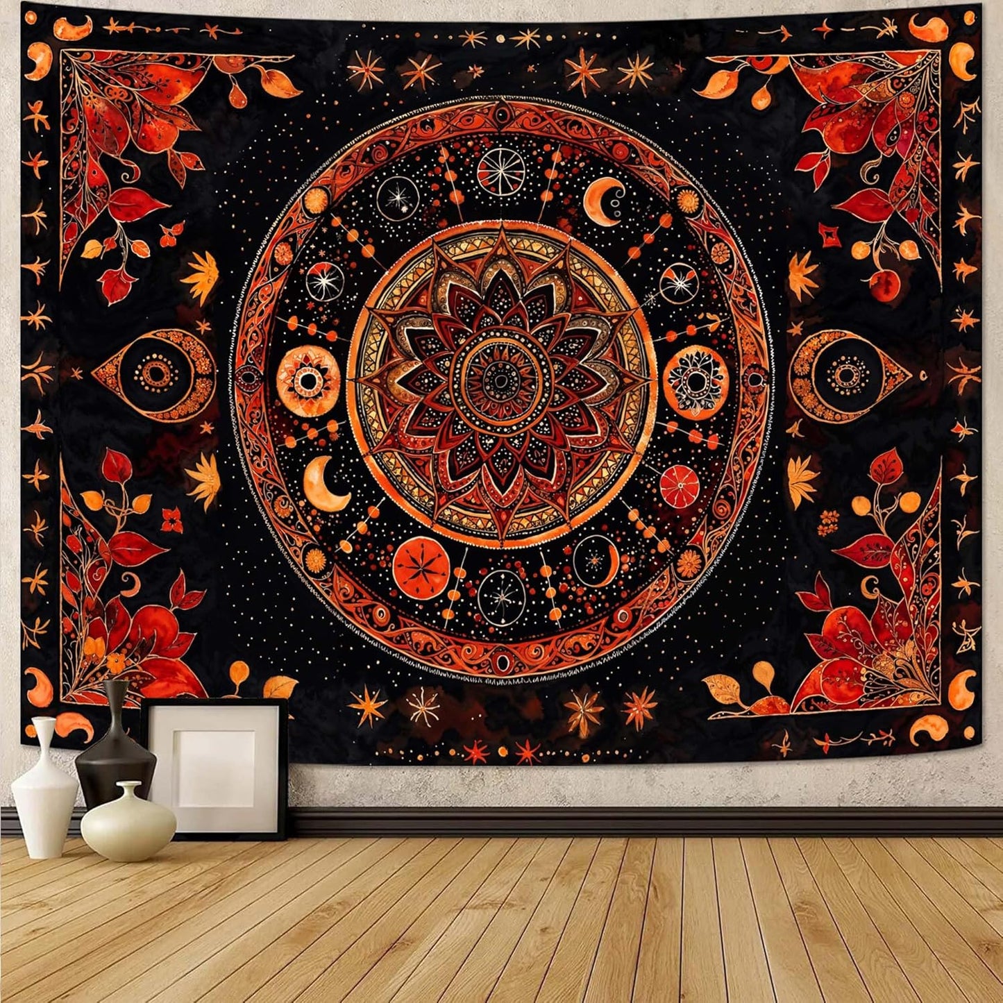 Lunerfex Mandala Moon and Stars Tapestry Boho Tapestry for Bedroom Black and Orange Tapestries Wall Hanging Living Room Wall Art and Home Decor 70x90