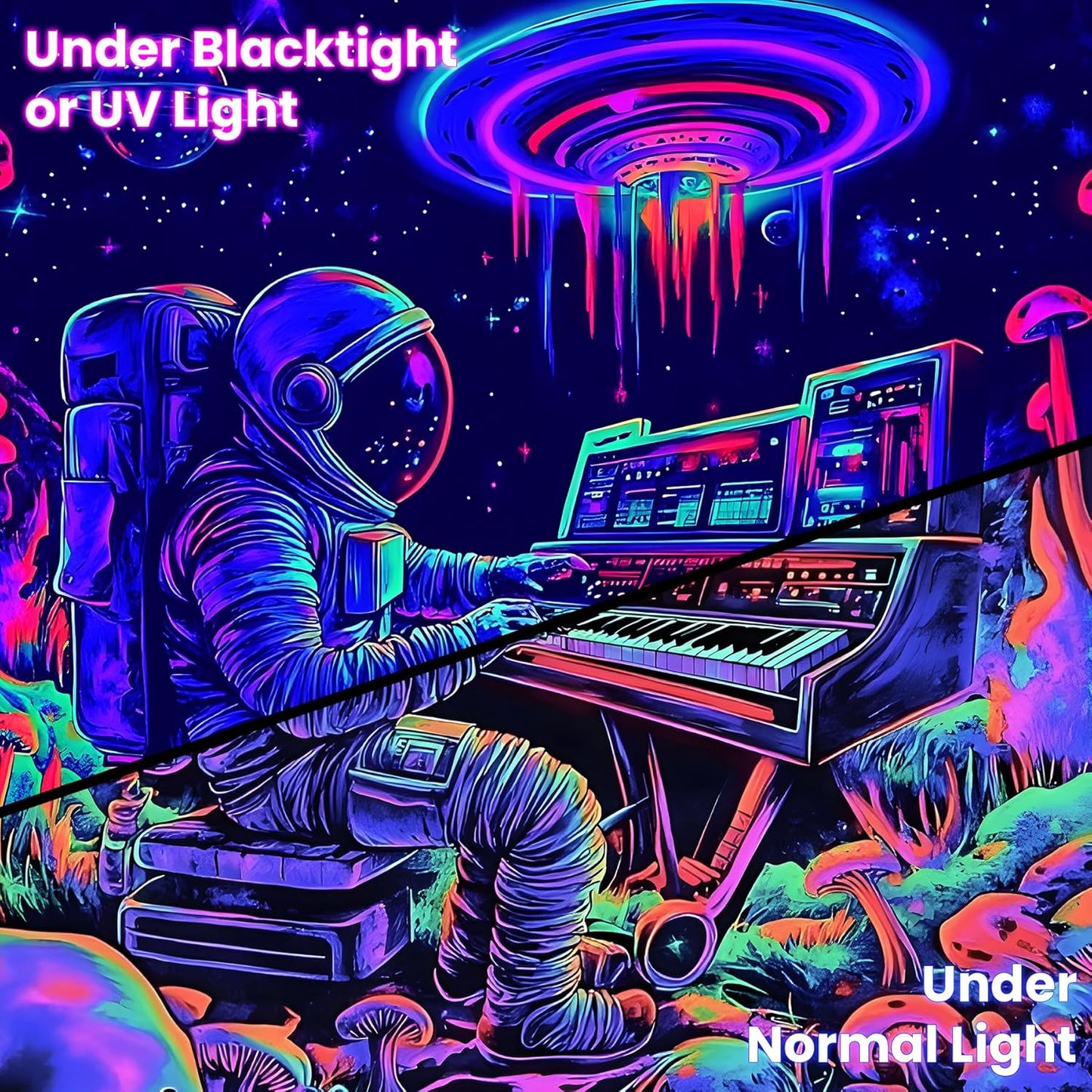 BVBOX Astronaut Space Blacklight Tapestry 79"x59", UV Reactive Astronaut Electronic Piano Universe Galaxy Planet Glow in Dark Music Tapestries, Black Light Neon Upright Poster Wall Hanging Backdrop Decor for Bedroom Living Room