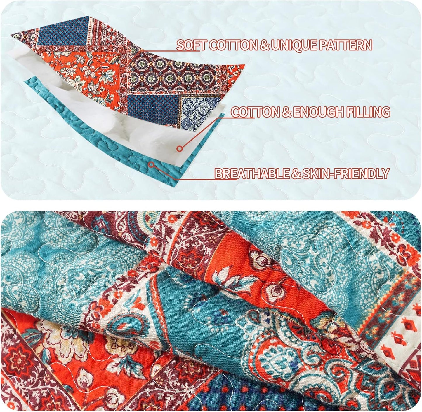 VAPUTAR Cotton Quilt King Size Bedding Set - 3 Pieces King Quilt Bedding Set, Boho King Size Quilts, Lightweight Reversible Coverlets Bedspreads for Farmhouse Bedroom