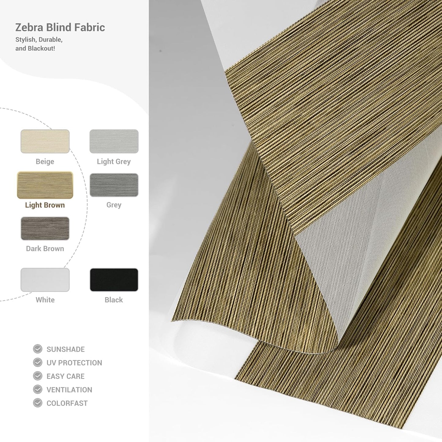 Cordless Zebra Blinds for Windows, Blackout Interior Blinds,Easy to Install,UV Protection,for Offices and Home,Custom Roller Shades, Mousse Light Bown,48" W x 64" H