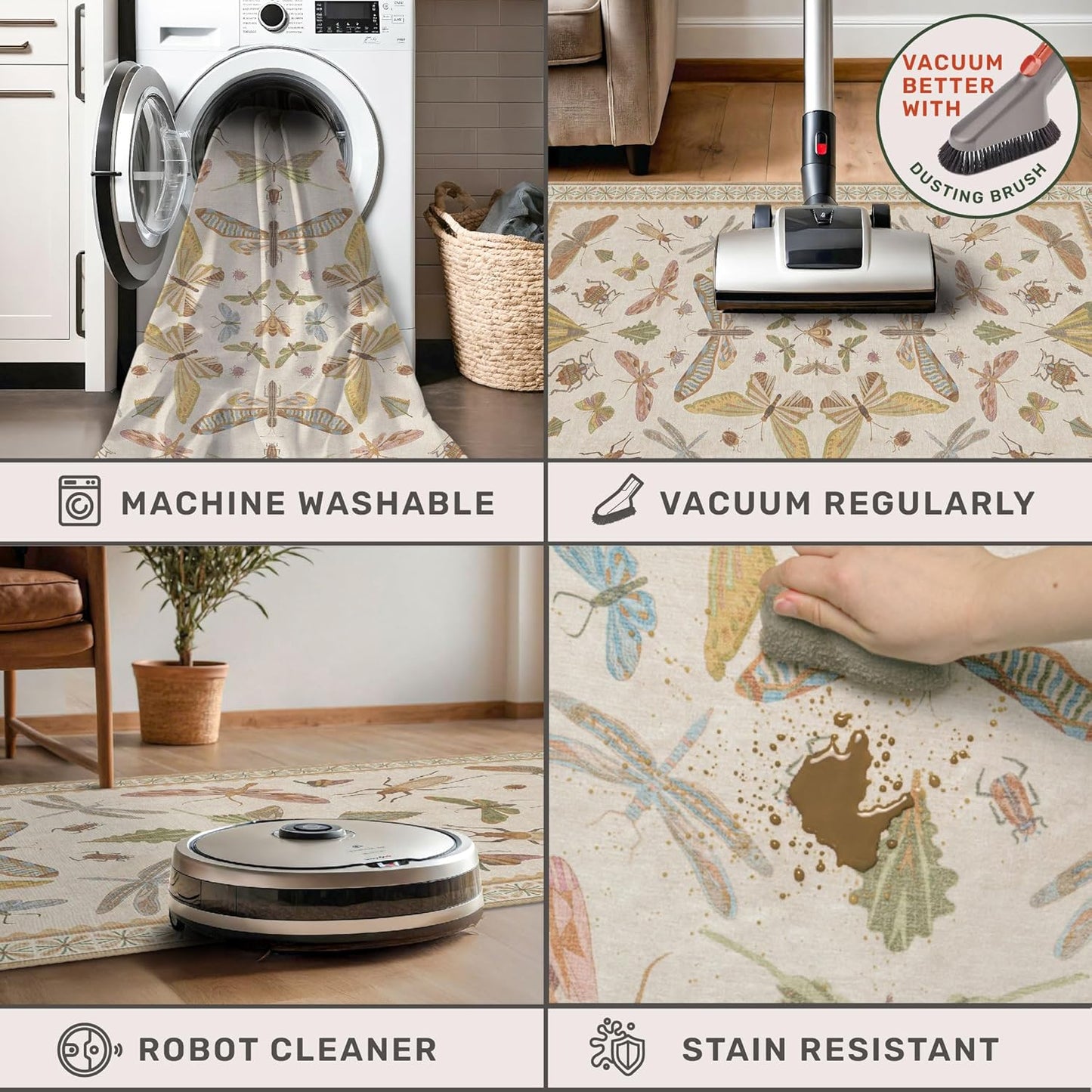 Beige and Yellow 5x7 Boho Rug for Living Room - Foyer Rugs for Entryway, Bedroom, Nursery Room, Insect Butterfly Bug Print, Washable Stain Resistant Home Décor