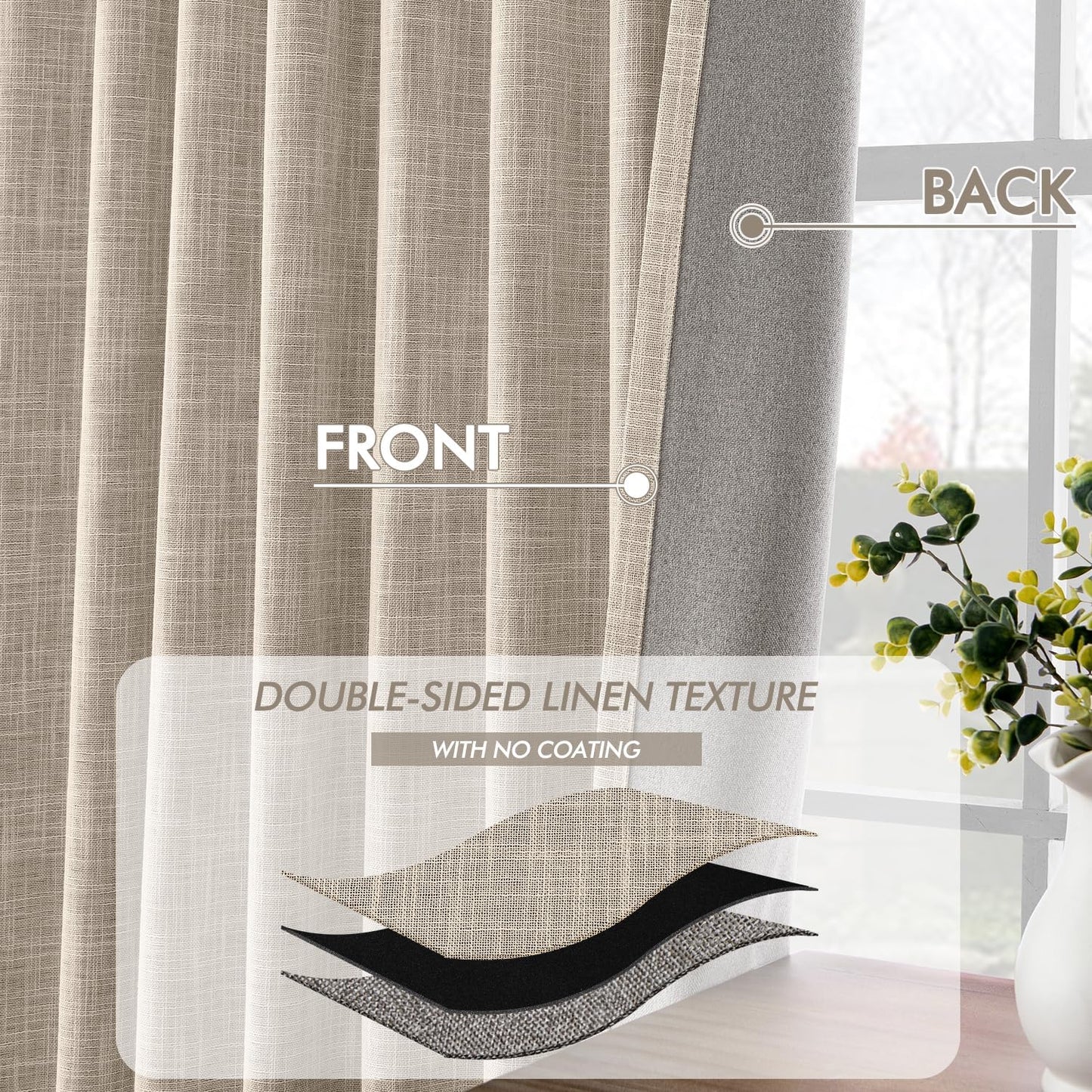MIULEE Beige 100% Blackout Linen Curtains 108 Inch 2 Panels Set Double Sided No Coating Pleated Back Tab Black Out Extra Long Thermal Insulated Pinch Pleat Bedroom Living Room Darkening Window Drapes