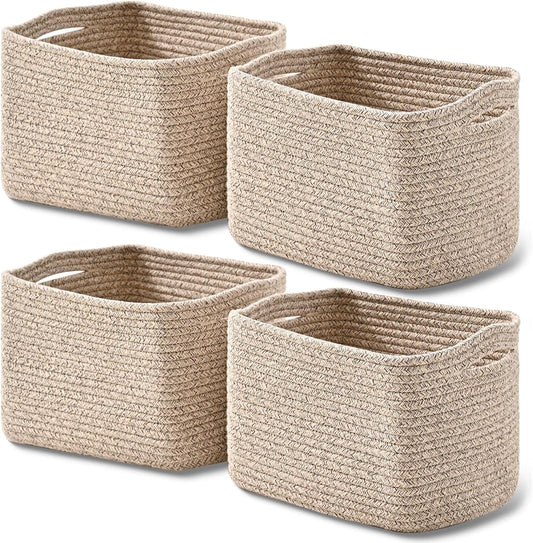Small Storage Baskets for Shelves Organizing, Woven Cotton Rope Baskets for Storage, Book Basket, Decorative Shelf Basket, 12.5"Lx9.1''Wx7.9''H (4 Packs) Brown