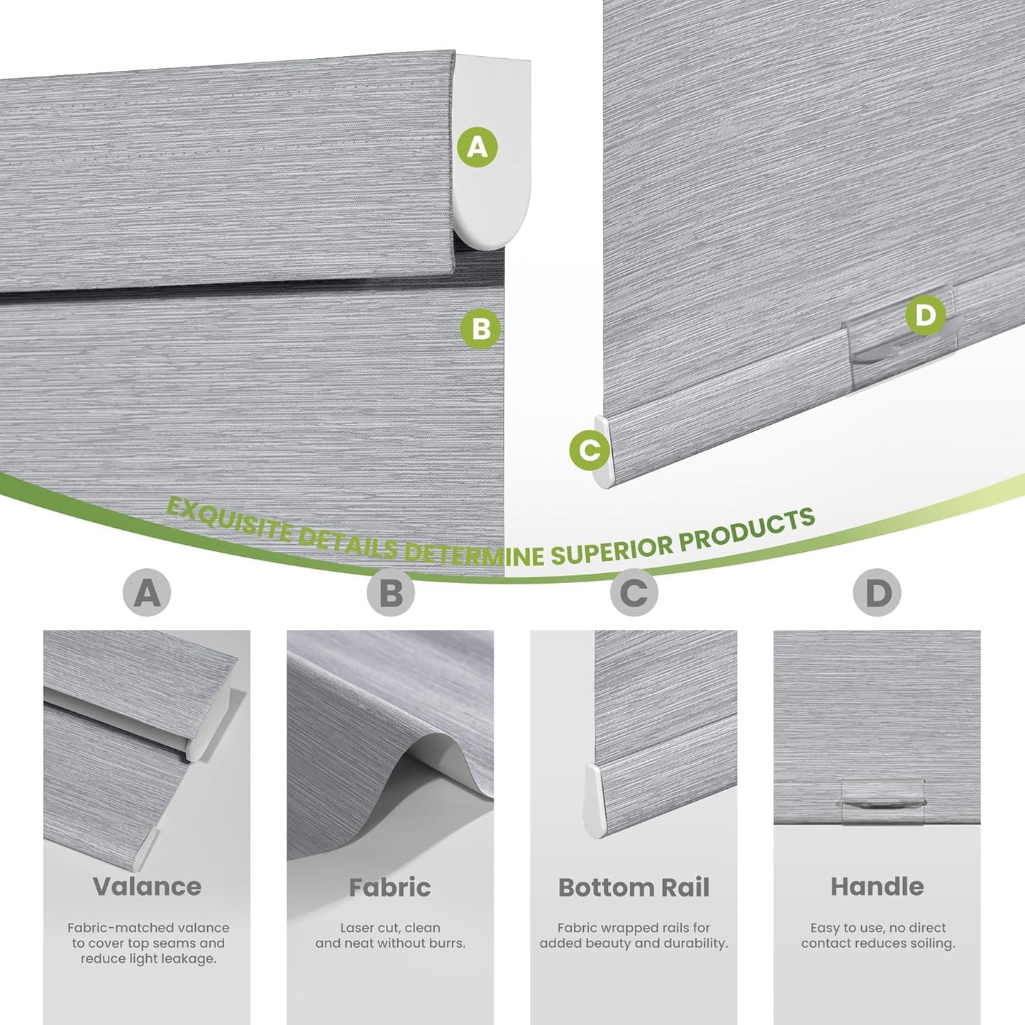 Blackout Roller Shades for Indoor Windows, Cordless Jacquard Fabric-Matched Roller Blinds, Easy to Install Privacy UV Protection Roll Up Blinds for Home Office, Grey, 35" W x 72" H