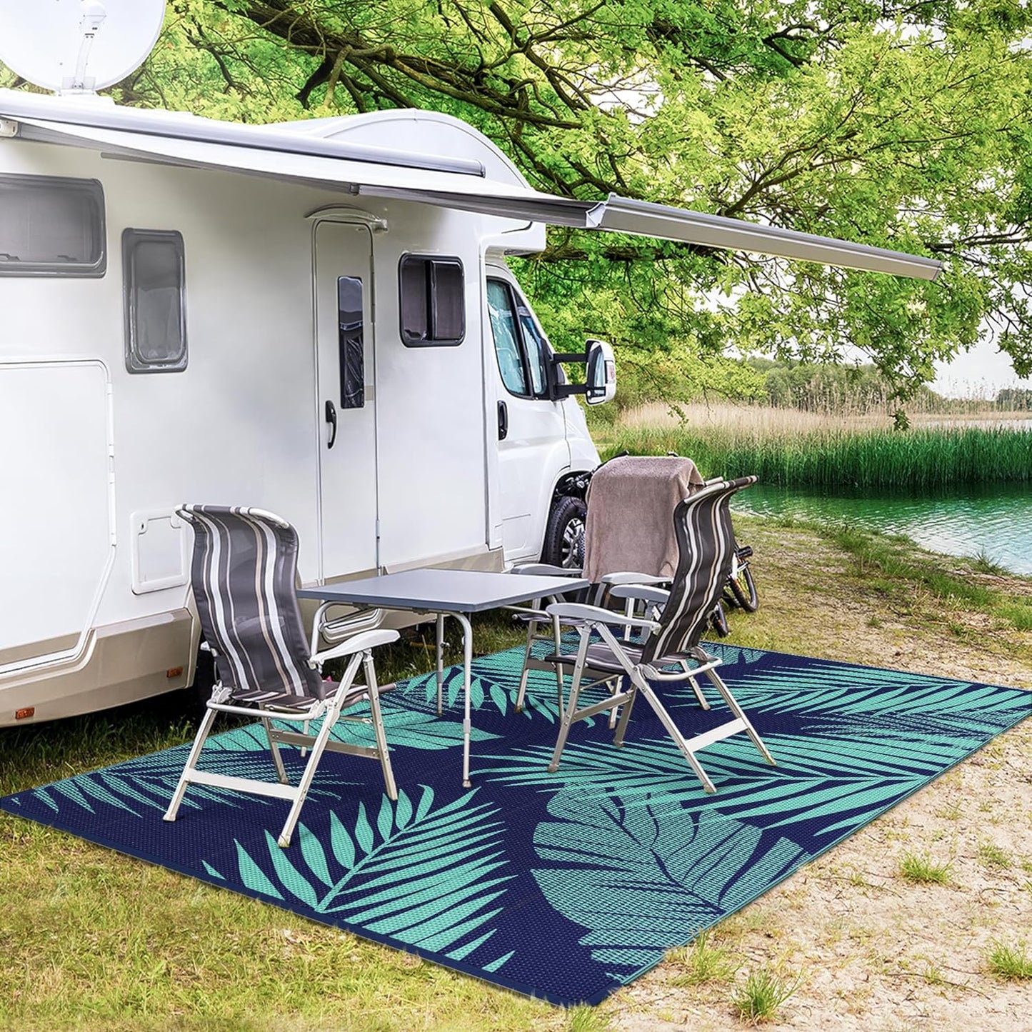 GENIMO Outdoor Rug 8' x 10' Waterproof for Patios Clearance, Reversible Outdoor Plastic Straw Camping Rug Carpet, Large Area Rugs Mats for RV, Camper, Deck, Balcony, Porch, Beach, Navy Blue&Jade Green