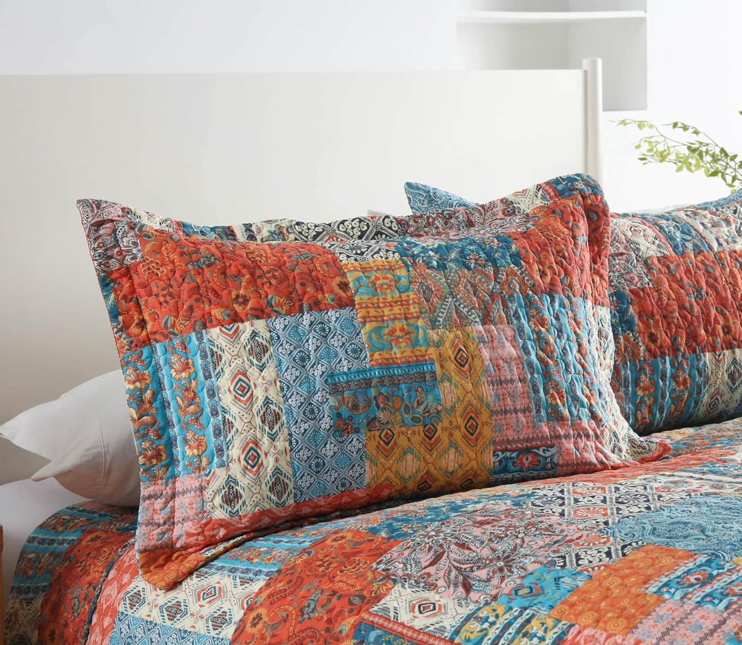 Cotton Bedspread Quilt Sets Reversible Coverlet Sets Comforters Vintage Bohemian Patchwork Bedspread,Orange,King Size