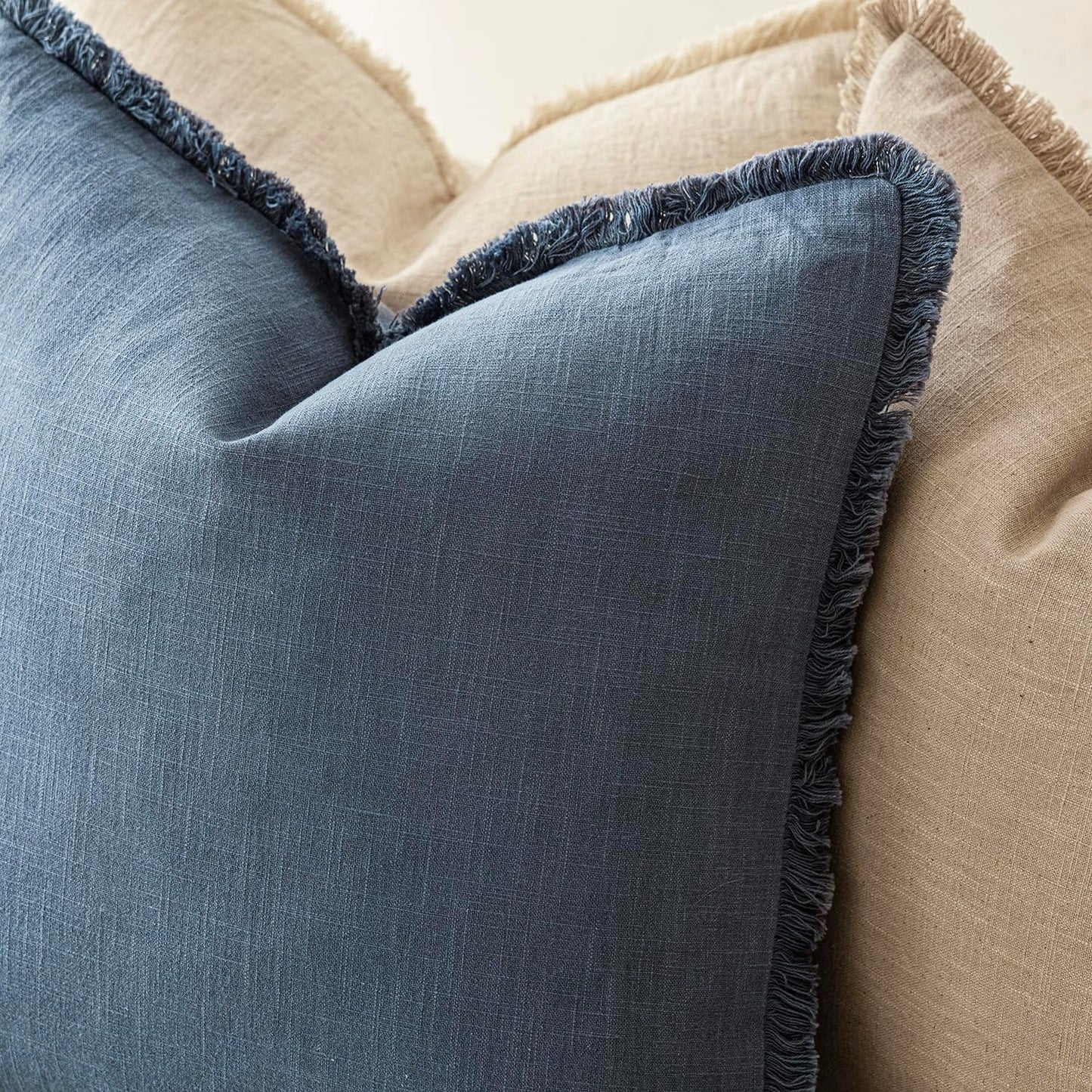 Foindtower Set of 2 Decorative Linen Fringe Throw Pillow Covers Cozy Boho Farmhouse Cushion Cover with Tassels Accent Pillowcase for Couch Sofa Bed Living Room Home Decor,26×26 Inch,Dark Blue