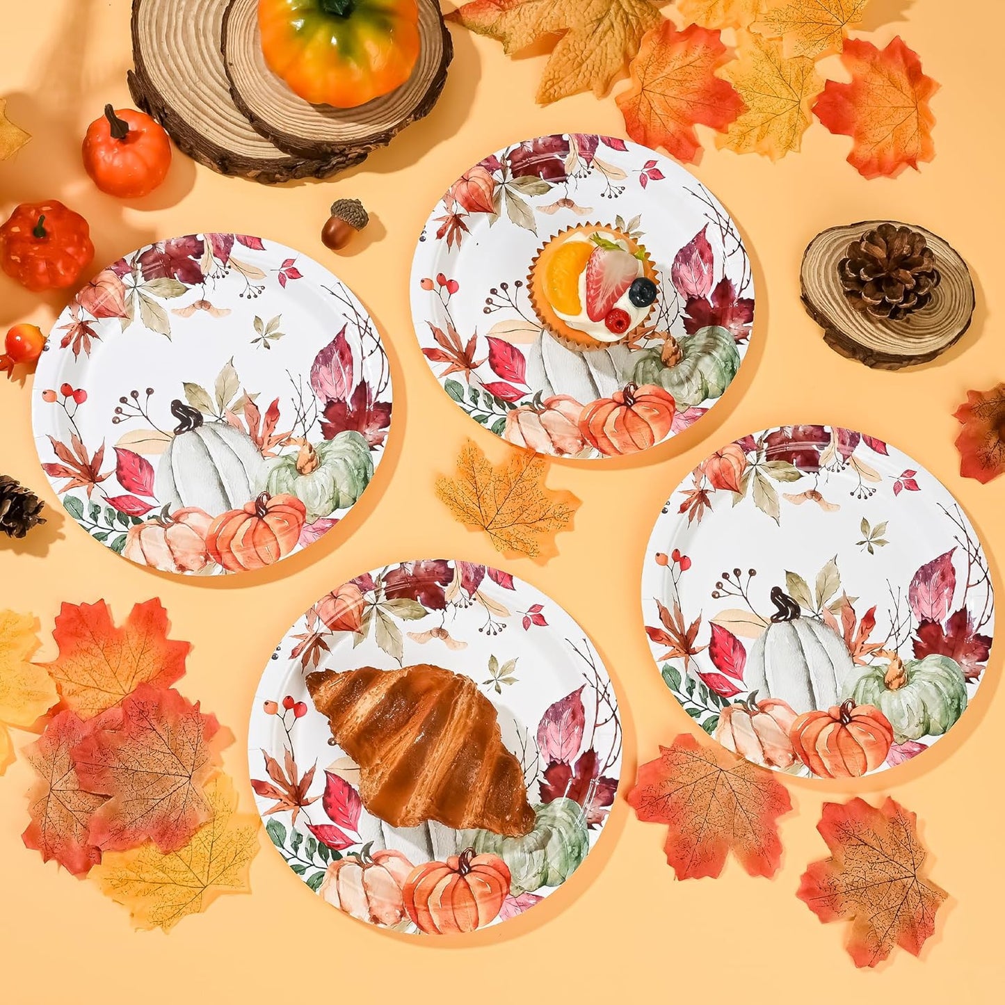 AllReal Fall Pumpkins Paper Plates Rustic Pumpkin Leaves Disposable Party Plate 7" Thanksgiving Autumn Dessert Plate for Birthday Baby Shower Party Supplies Table Decor (48)