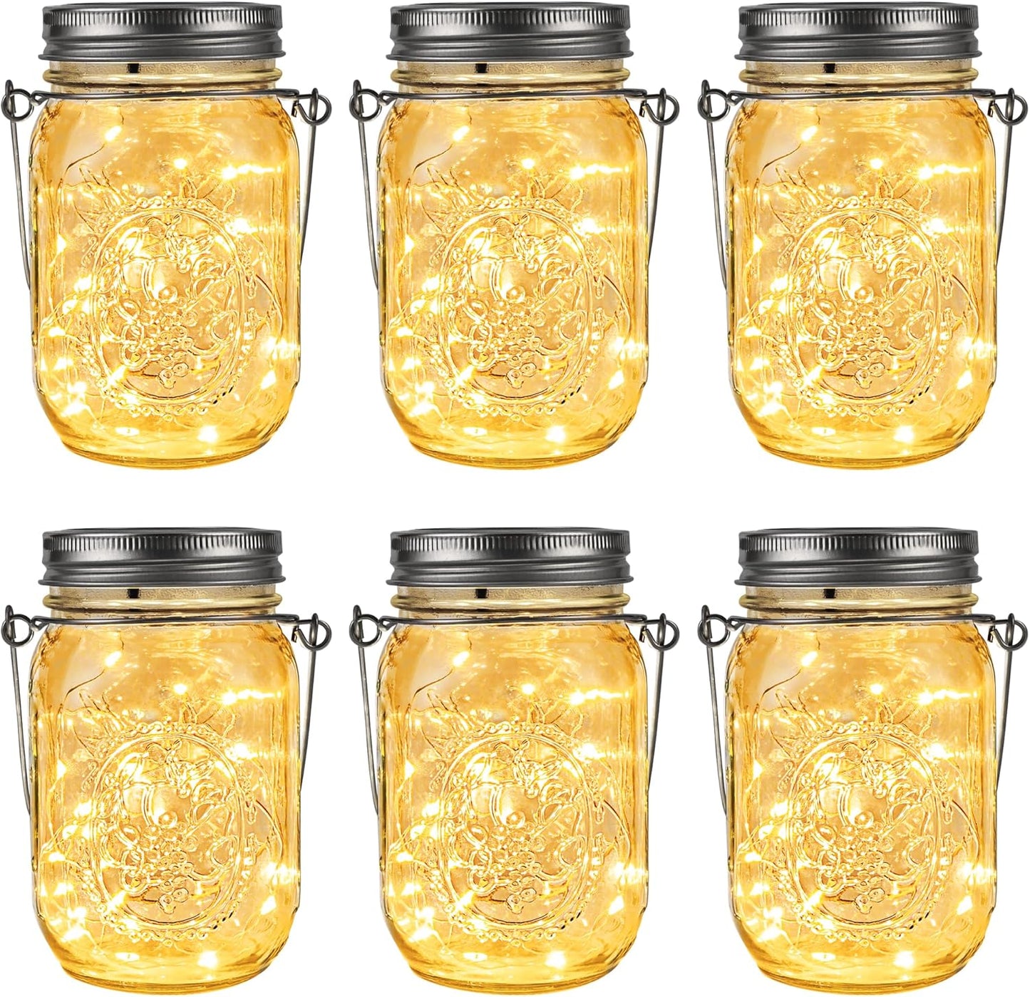 GIGALUMI Hanging Mason Jar Solar Lights, 6 Pack 30 Led Tinplate Lids Hanging Solar Lanterns Outdoor Waterproof, Hangers and Jars Included, Outdoor Decor for Balcony, Garden, Patio, Yard, Wedding