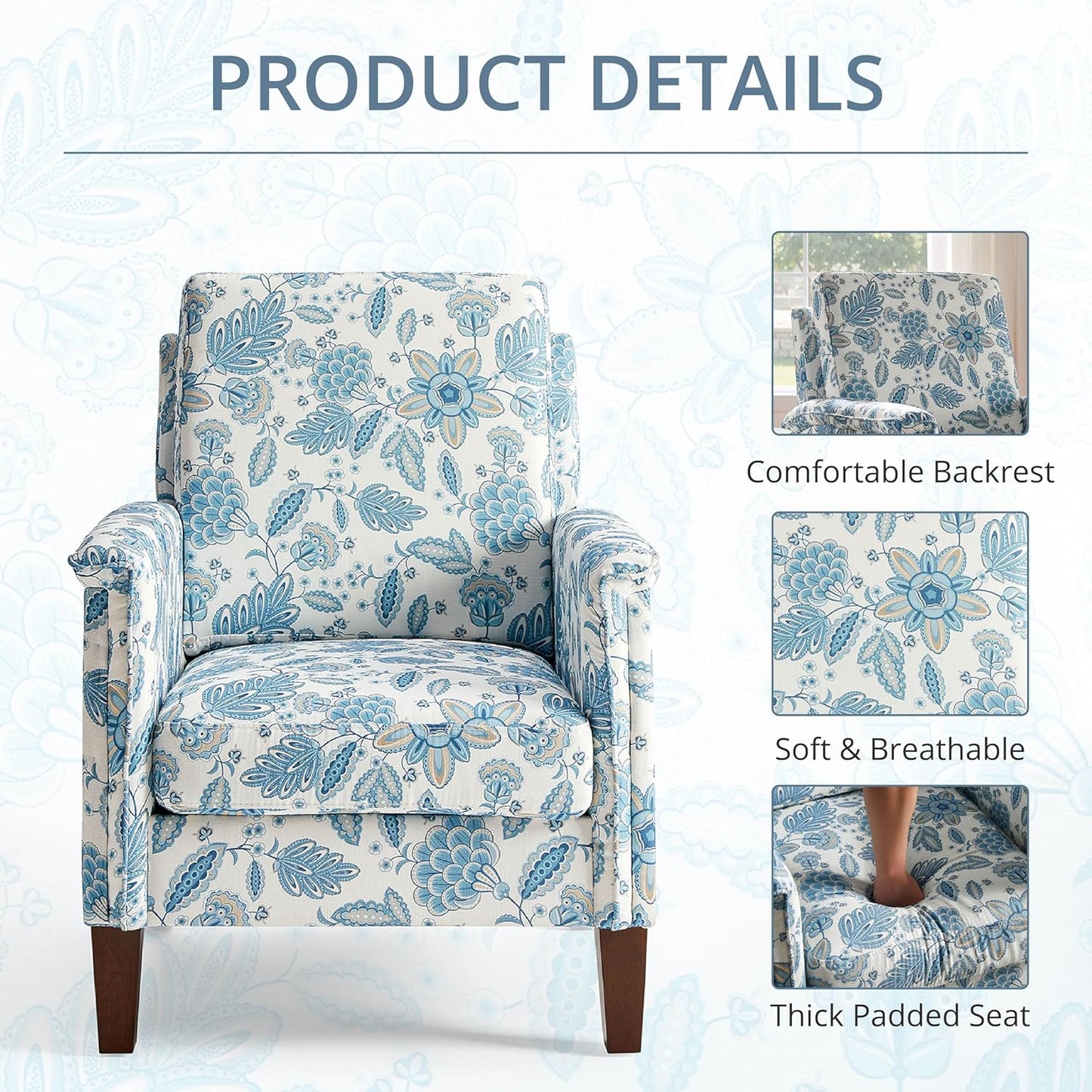 Floral Accent Chair Set of 2, High Back Upholstered Armchair with Solid Wooden Legs, Padded Armrest and Removable Comfortable Cushioned Seat Single Sofa for Living Room, Bedroom, Blue