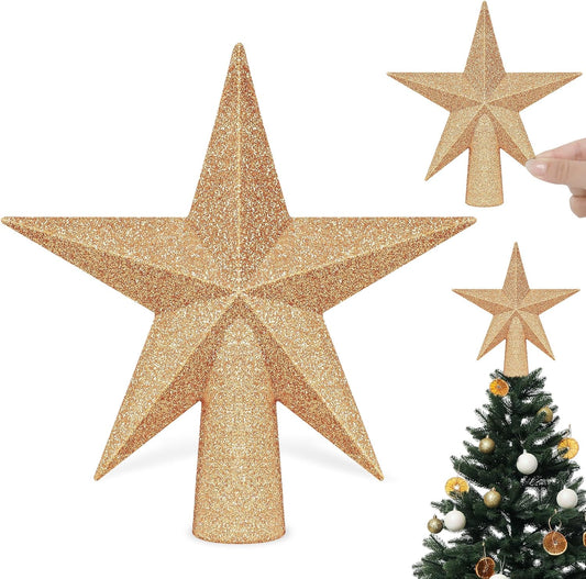 Christmas Tree Decoration, 6" Champagne Christmas Tree Topper Star Accessories, Xmas Glitter 3D Bethlehem Tree Ornament, Waterproof Holiday Christmas Tree Topper Star Decorations for Home Decor