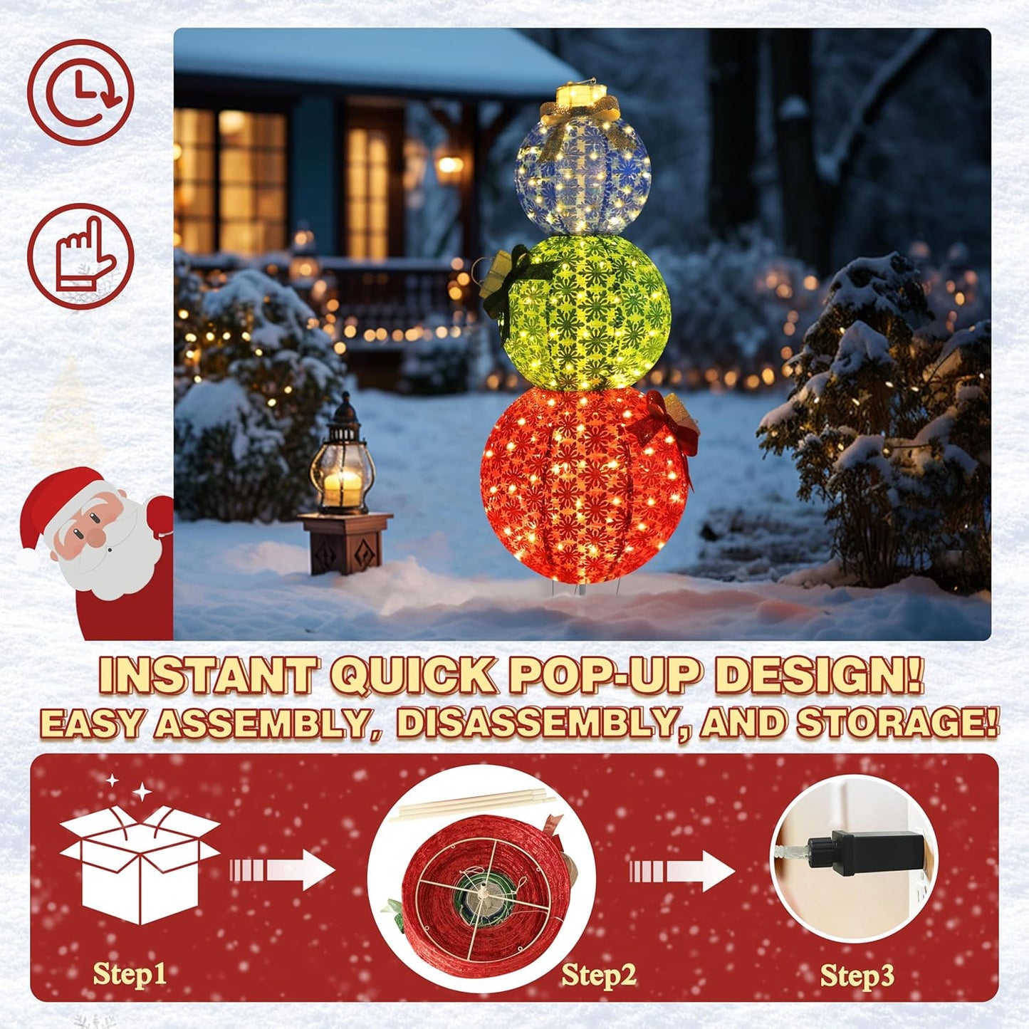5FT Lighted Pop Up Stackable Ornaments for Christmas Decoration, 3D Pre-Lit Decor with 210 LED Lights with Easy Pop-Up Design, Freestanding Glittered Holiday Display for Outdoor, Indoor