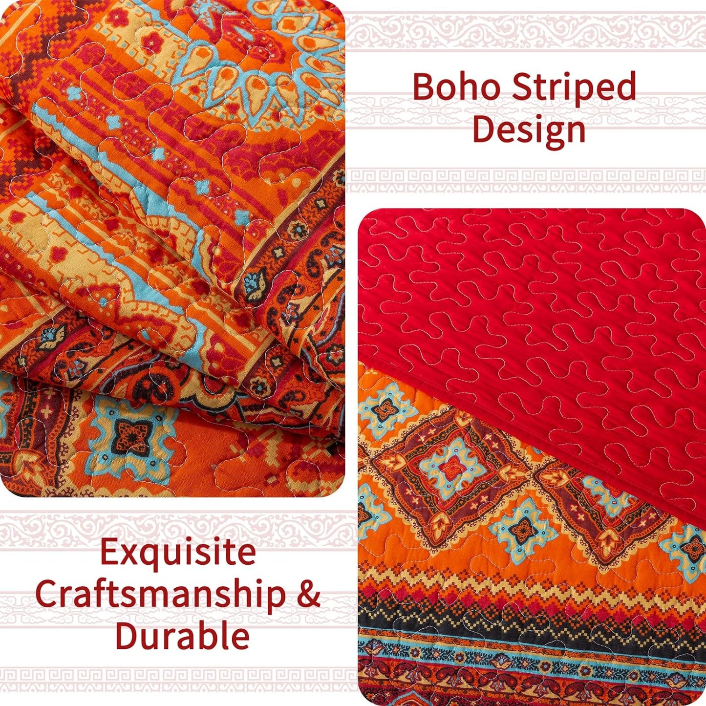VAPUTAR Quilt California King Size Bedding Set - Cotton California King Quilt (108 * 118 Inch) - Boho Lightweight Reversible Oversized Bedspread for Farmhouse Bedroom (Red/Orange), 3 Pieces
