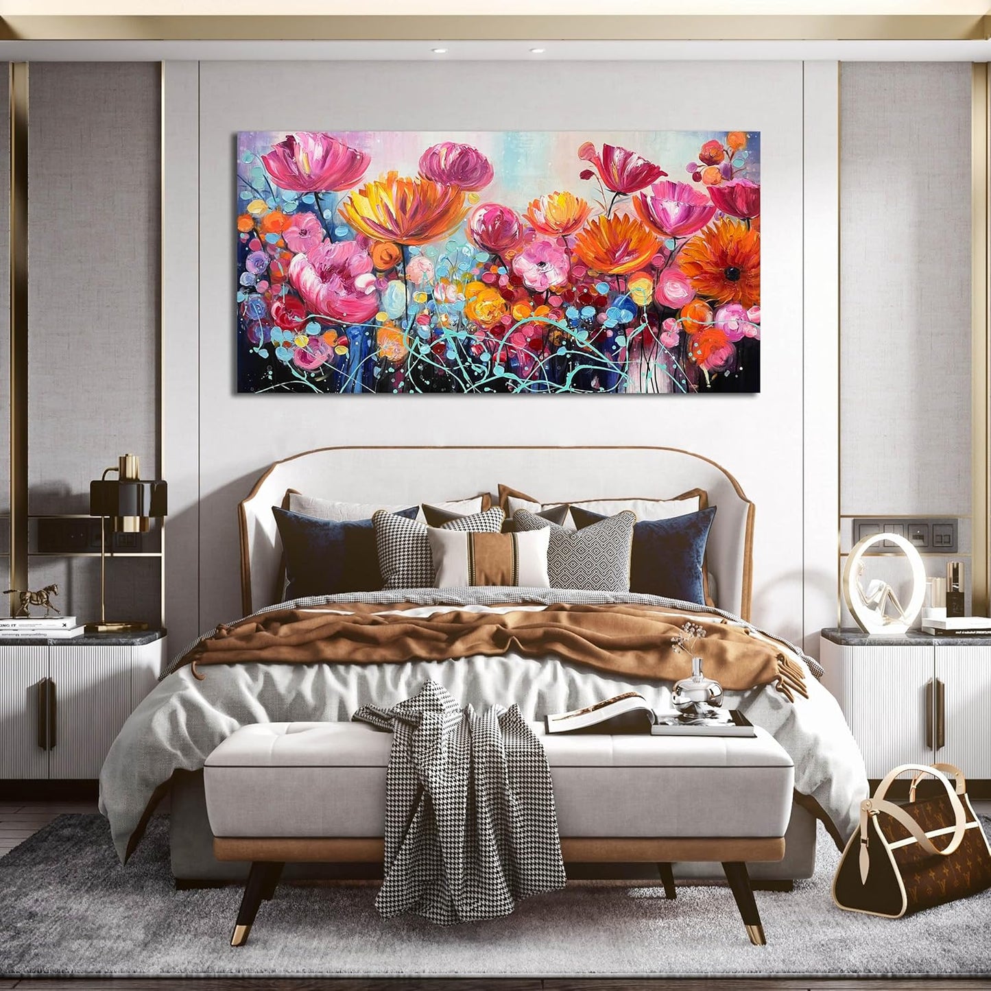 ENTANUB Flower Wall Art for Livng Room, Pink Floral Canvas Wall Decor for Bedroom, Hand Painted Artwork, Large Size 29x59 Inches