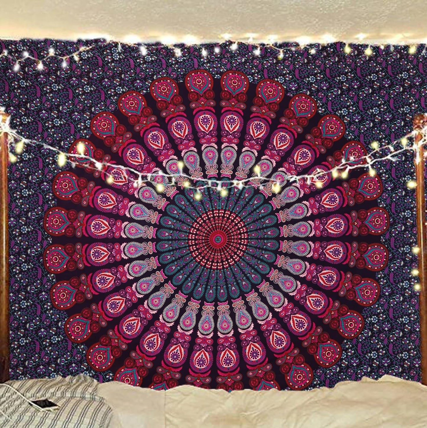 Bless International Handmade Indian hippie Bohemian Psychedelic Peacock Mandala Wall hanging College Dorm Beach Throws Table Cloth Bedding Tapestry (Purple Pink, Queen(84x90Inches)(215x230Cms))
