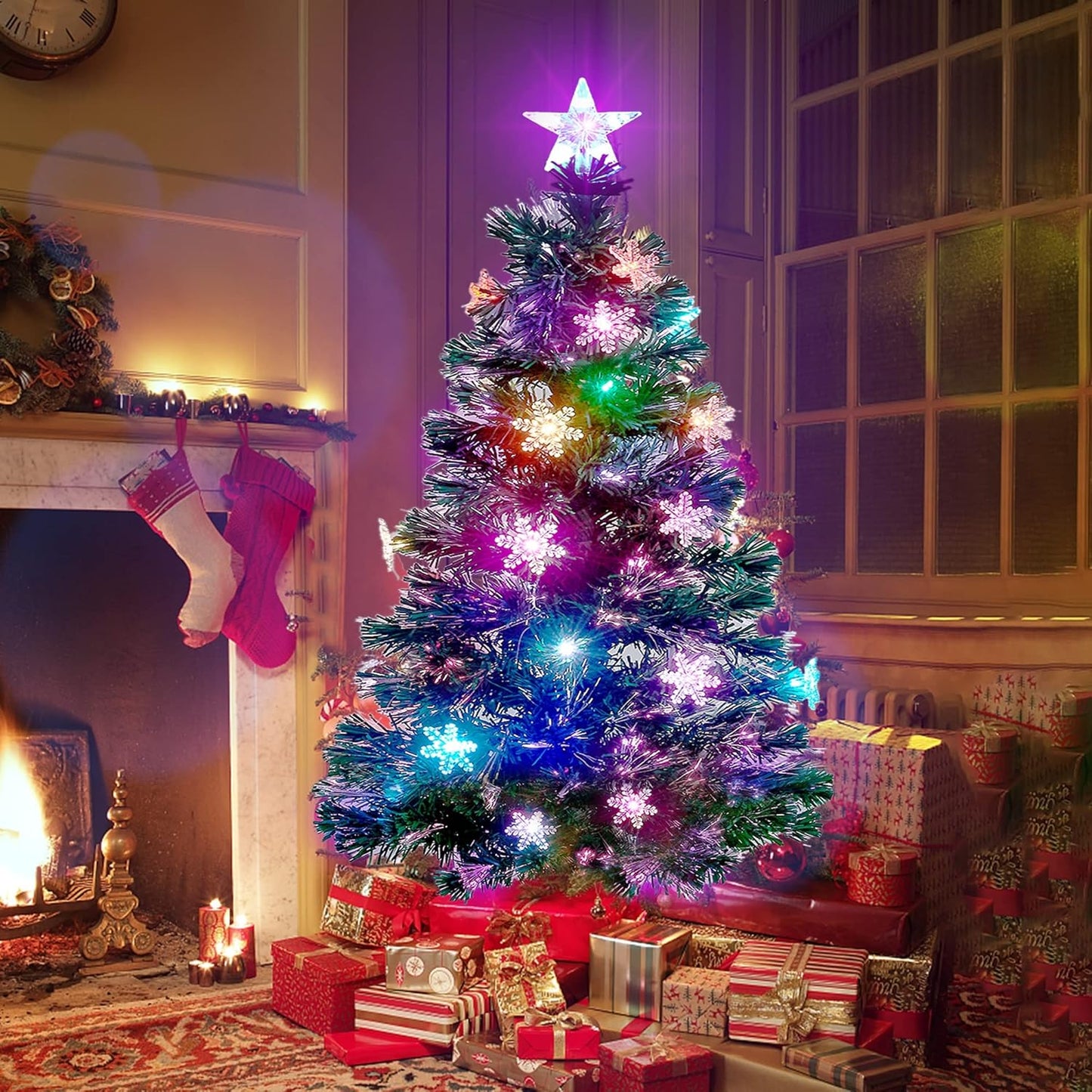 Prsildan 4 FT Artificial Christmas Tree, Pre-Lit Optical Fiber Xmas Trees with Multicolor LED Lights, Snowflakes & Top Star, Lighted Christmas Tree Holiday Home Decor