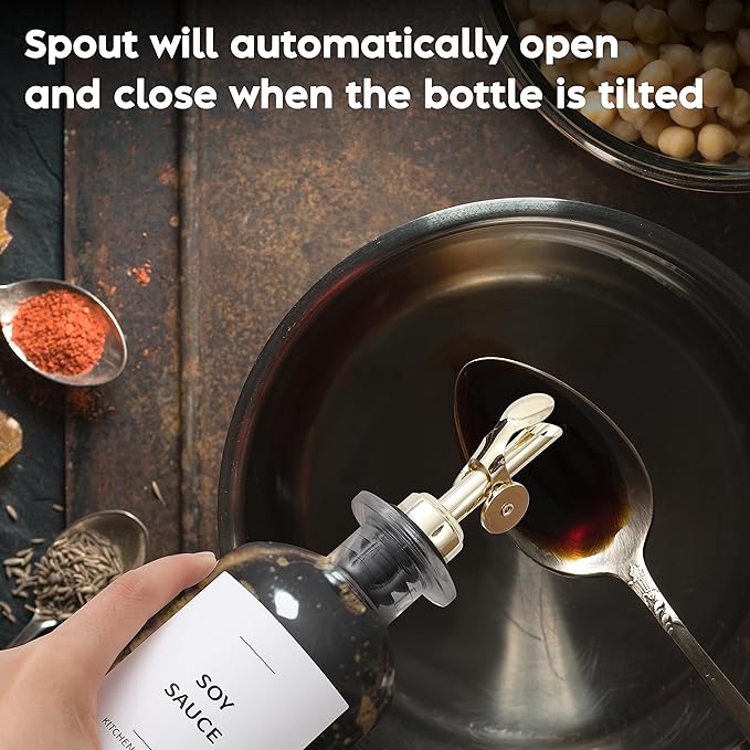 Olive Oil Dispenser Bottle - Includes 55 Kitchen Essential Labels - Cooking Oil Bottles for Kitchen, Coffee Syrup Dispenser - Pourer Spout with 11.8 fl oz Glass Container Cruet - 2pcs, Gold