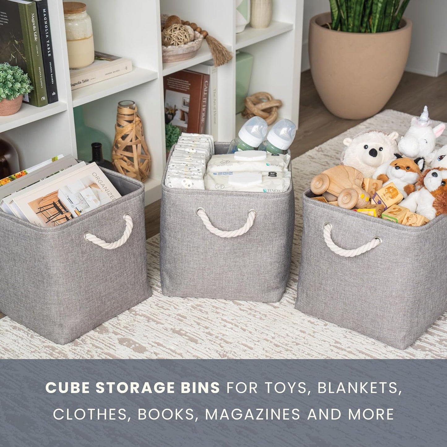 OrganiHaus 11x11 Cube Storage Bins 4 Pack, Foldable Cube Storage Organizer w/ Rope Handles, Collapsible Fabric Bins for Toys, Clothes & Closet Organization, Fabric Square Baskets - Gray