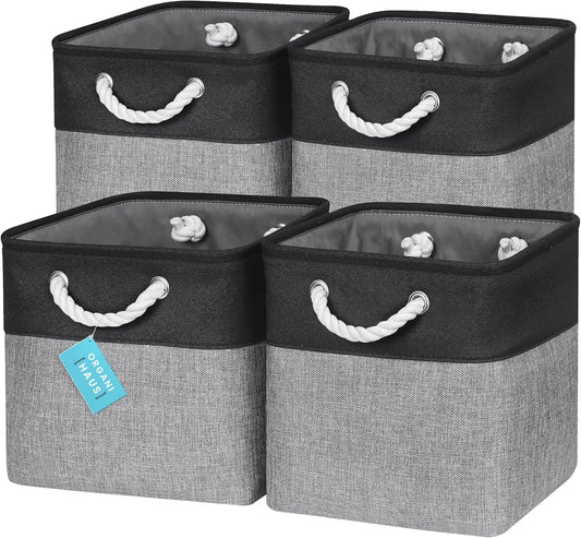 OrganiHaus 11x11 Cube Storage Bins 4 Pack, Foldable Cube Storage Organizer w/ Rope Handles, Collapsible Fabric Bins for Toys, Clothes & Closet Organization, Fabric Square Baskets - Gray/Black