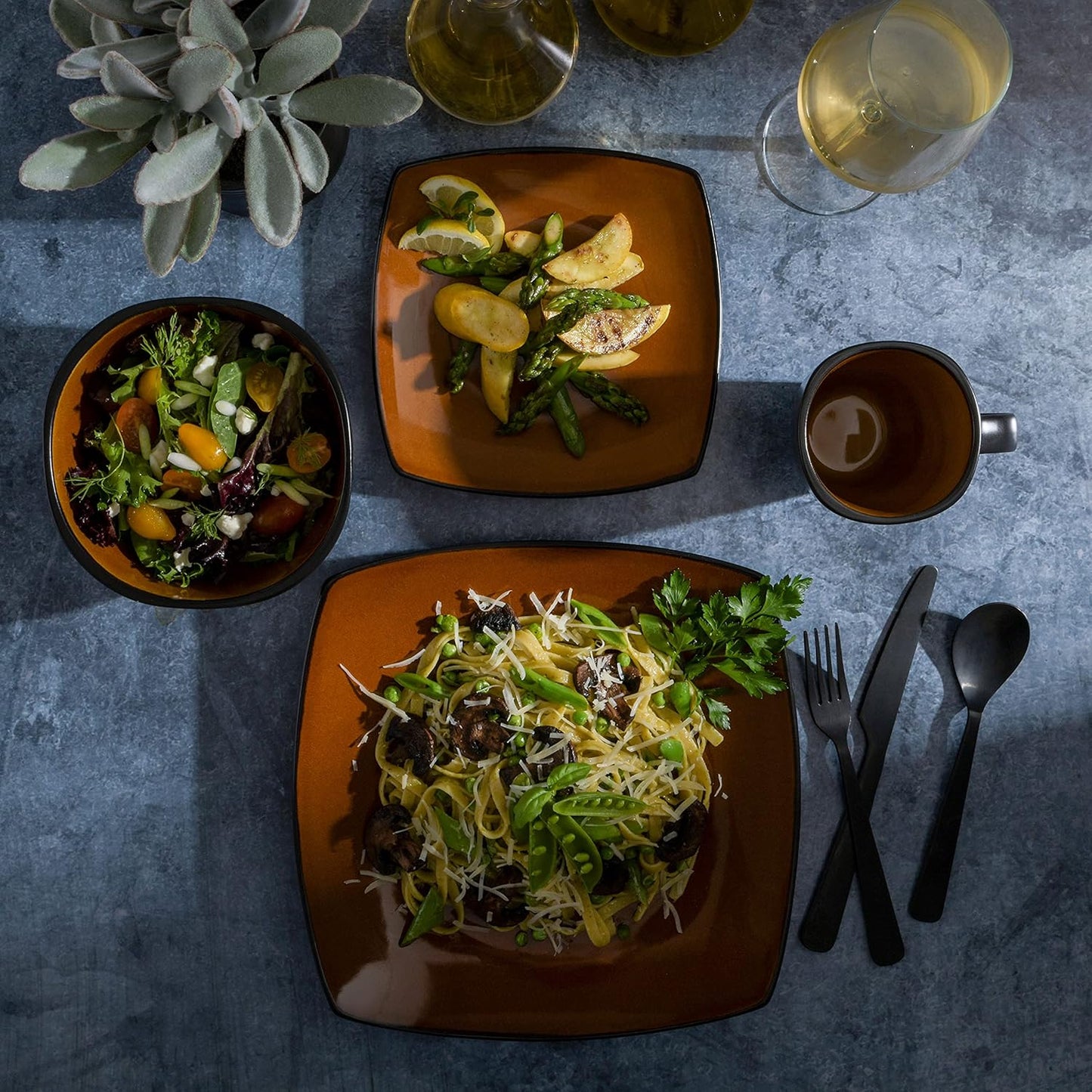 Gibson Elite Soho Lounge Square Reactive Glaze Stoneware Dinnerware Set, Service for 4 (16pc), Amber