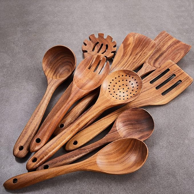 Wooden Kitchen Utensils Set,GUDAMAYE 9 PCE Natural Teak Wooden Spoons For Non-stick Pan for Cooking,